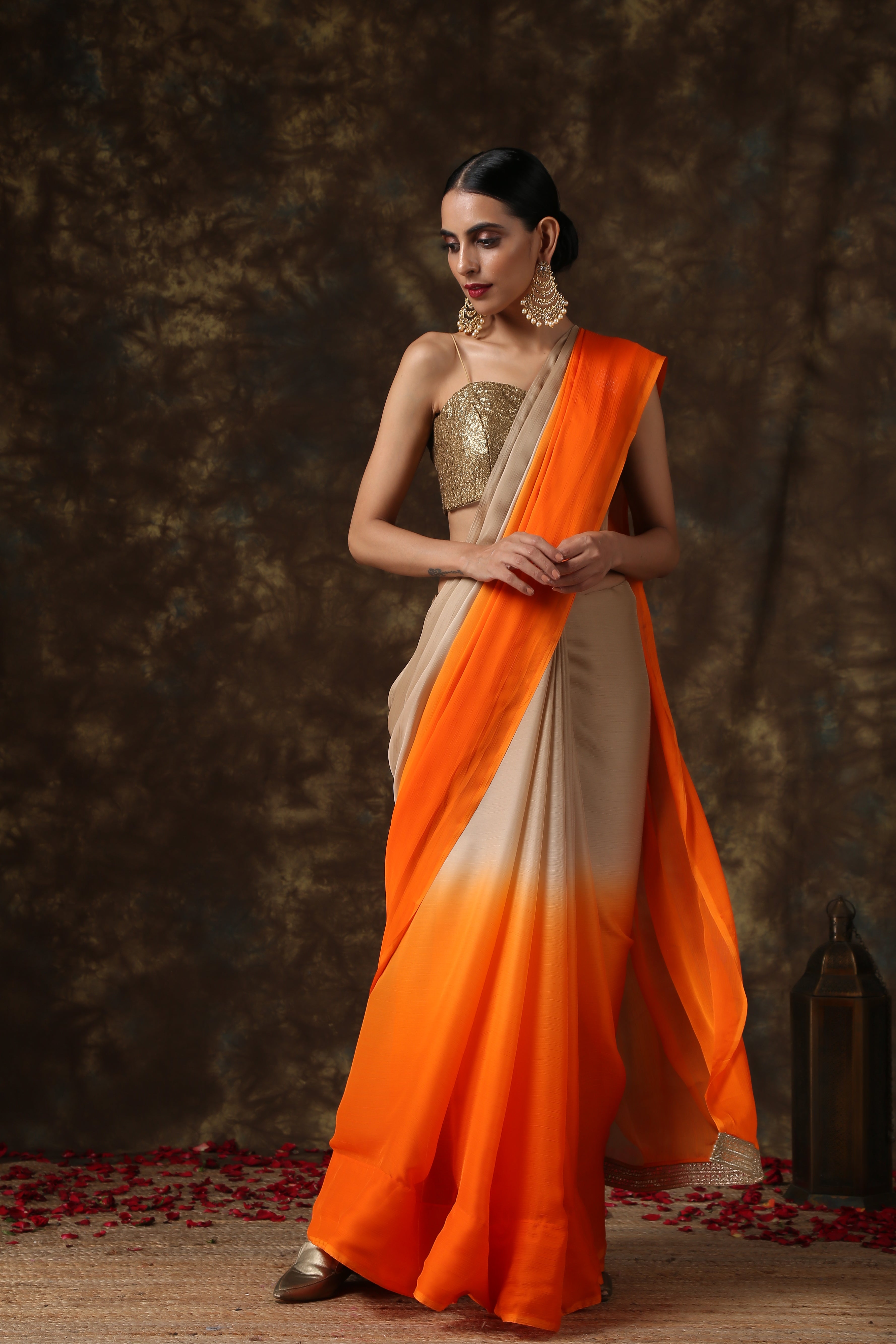 Warm stone & orange chiffon ombre saree — view 3