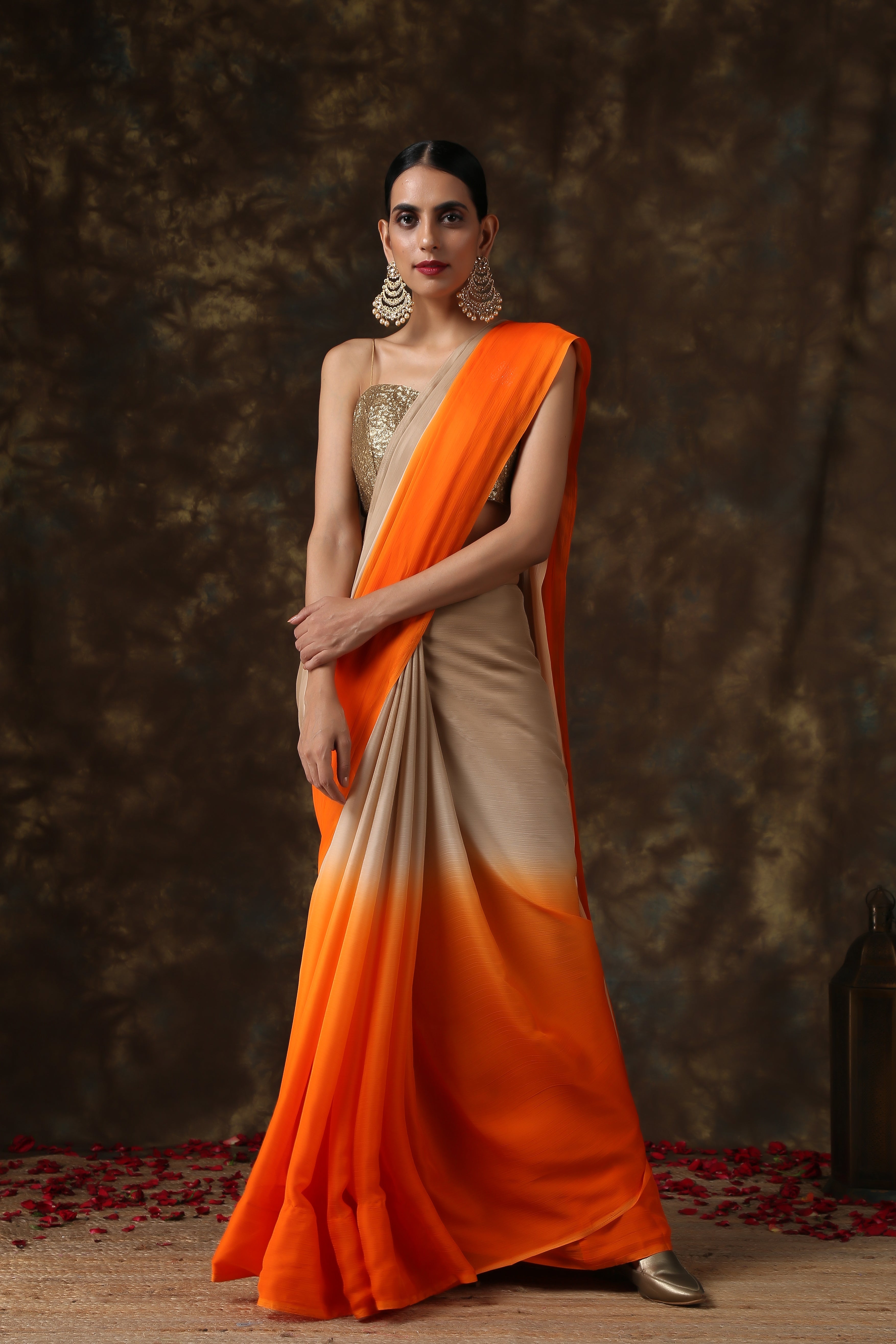 Warm stone & orange chiffon ombre saree
