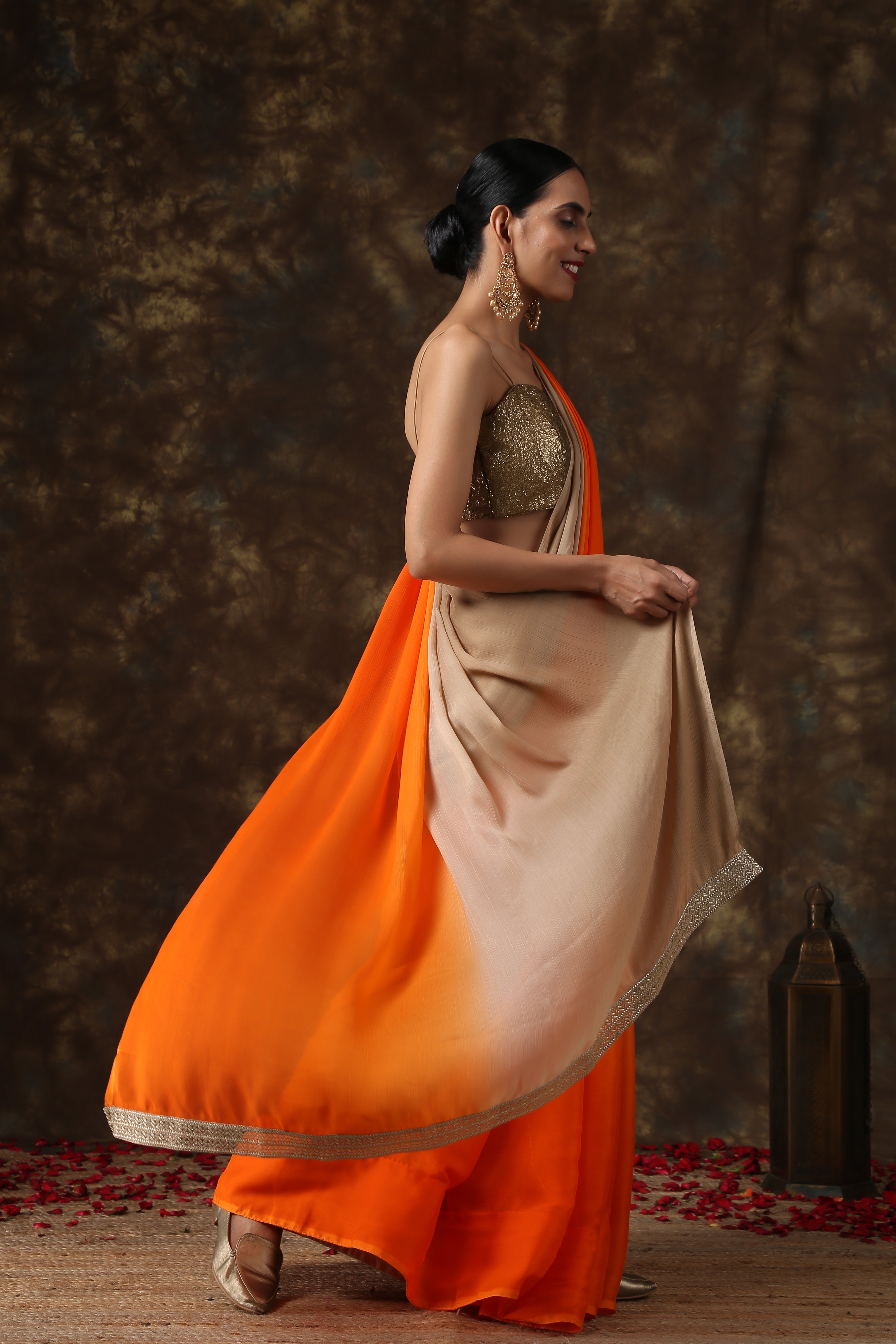 Warm stone & orange chiffon ombre saree — view 4