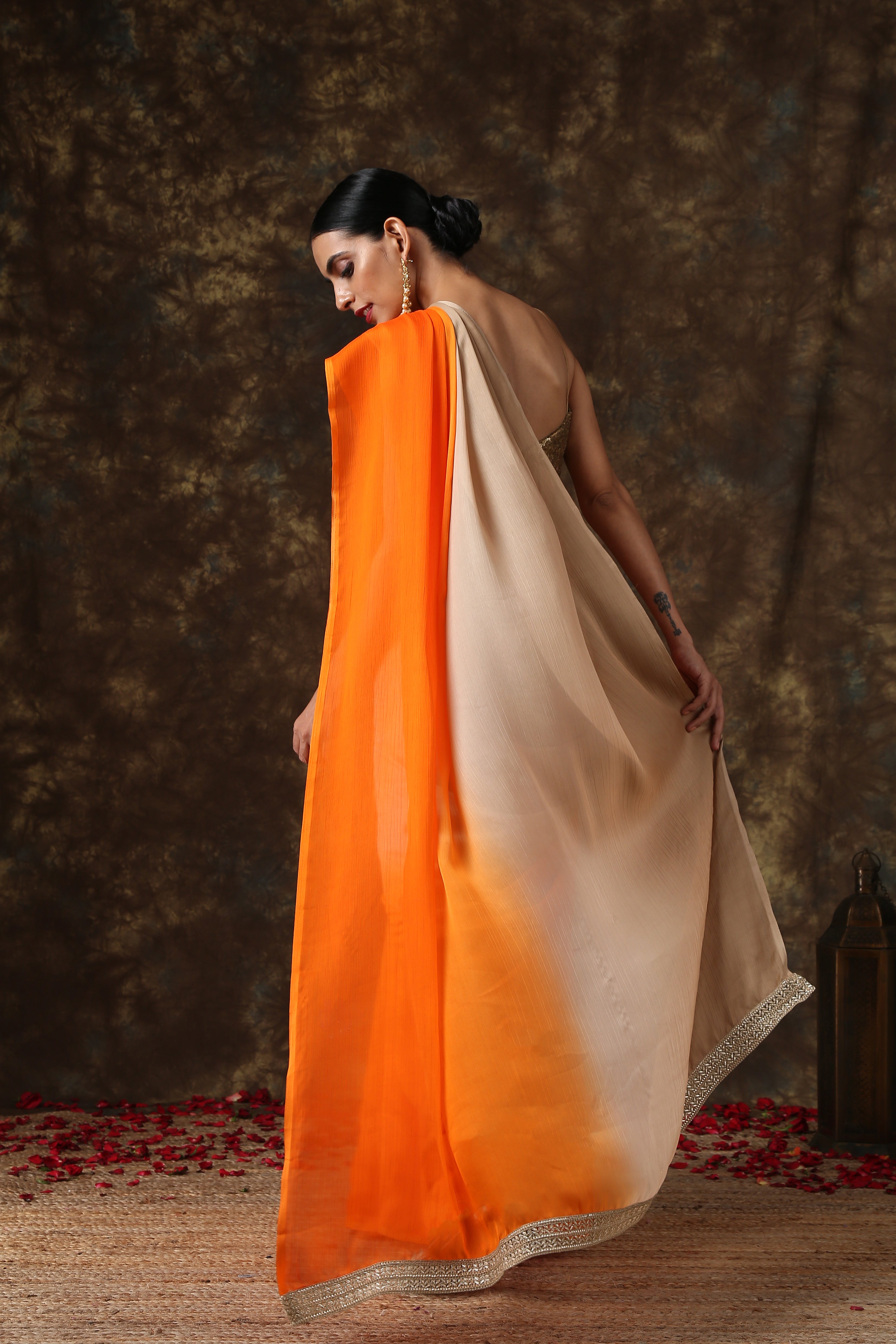 Warm stone & orange chiffon ombre saree — view 5