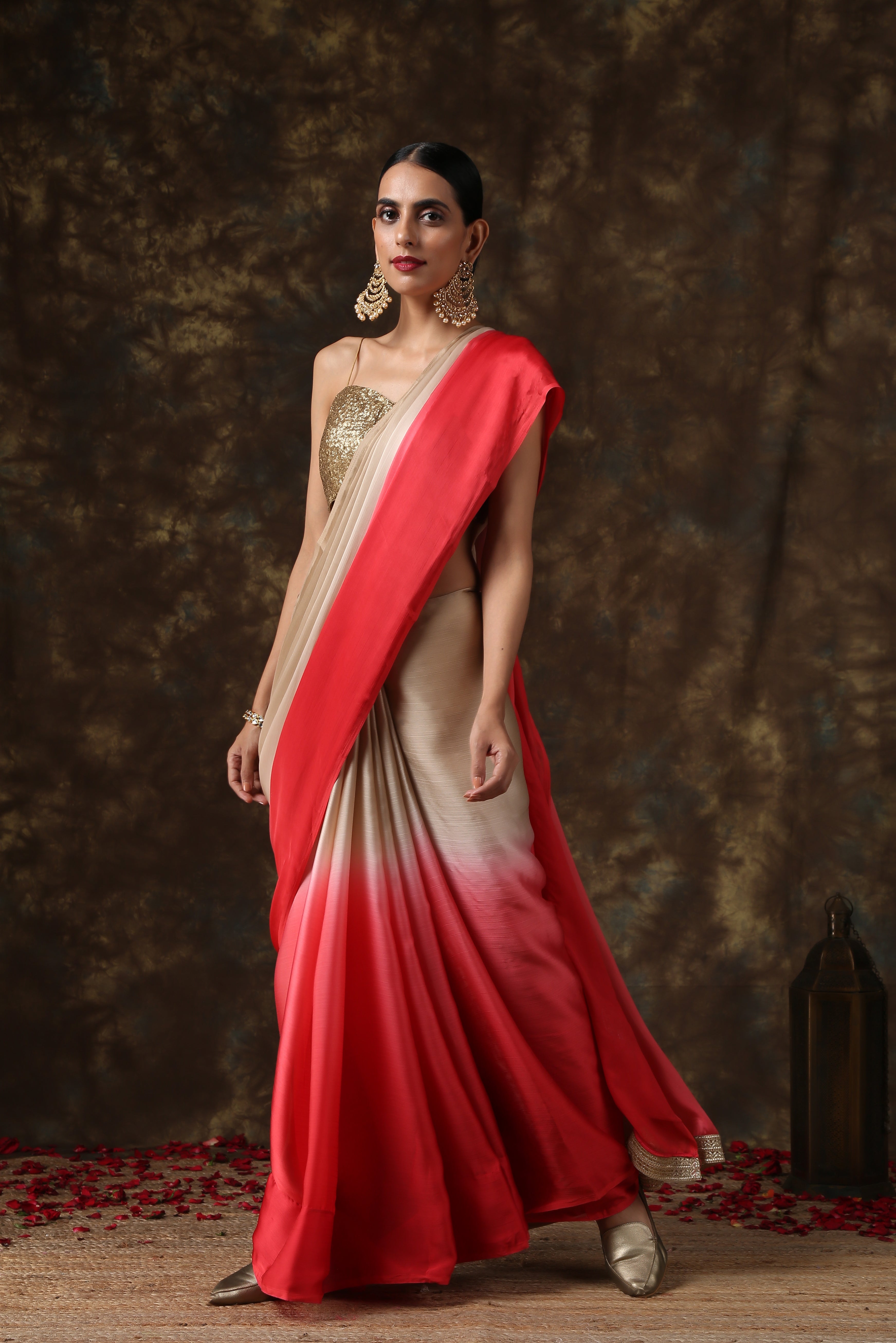 Warm stone & pink chiffon ombre saree — view 2