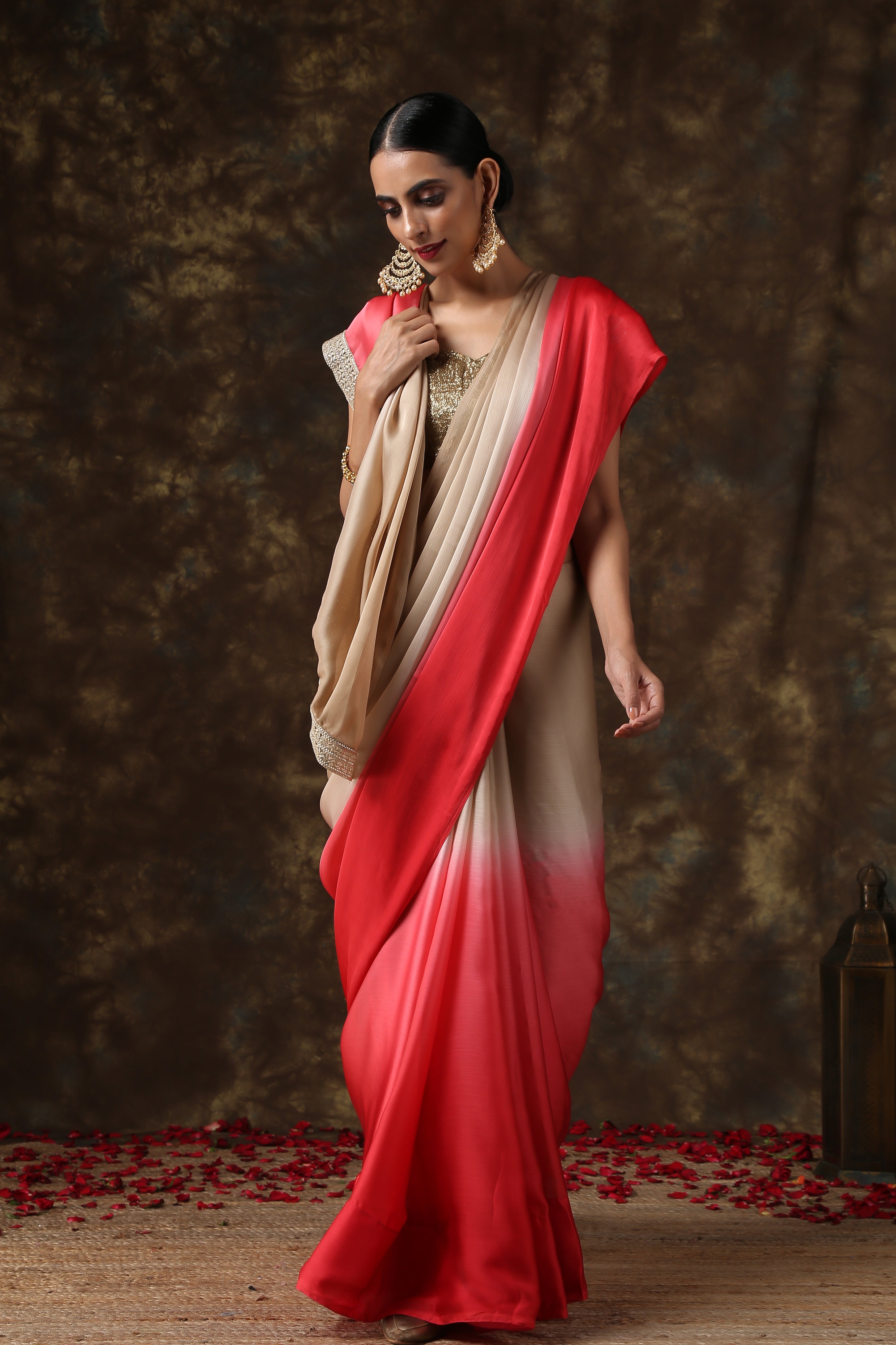 Warm stone & pink chiffon ombre saree — view 4