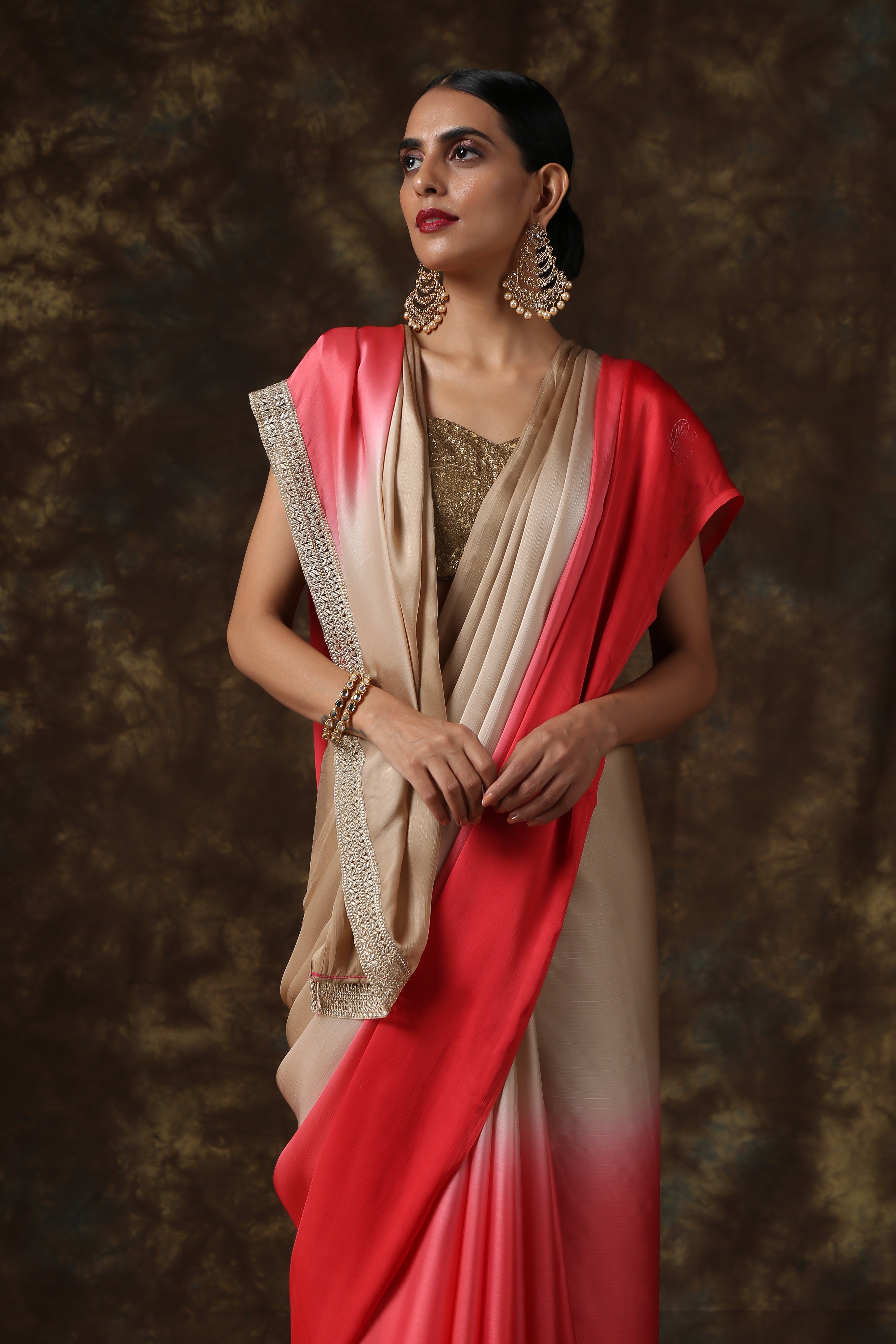Warm stone & pink chiffon ombre saree — view 5