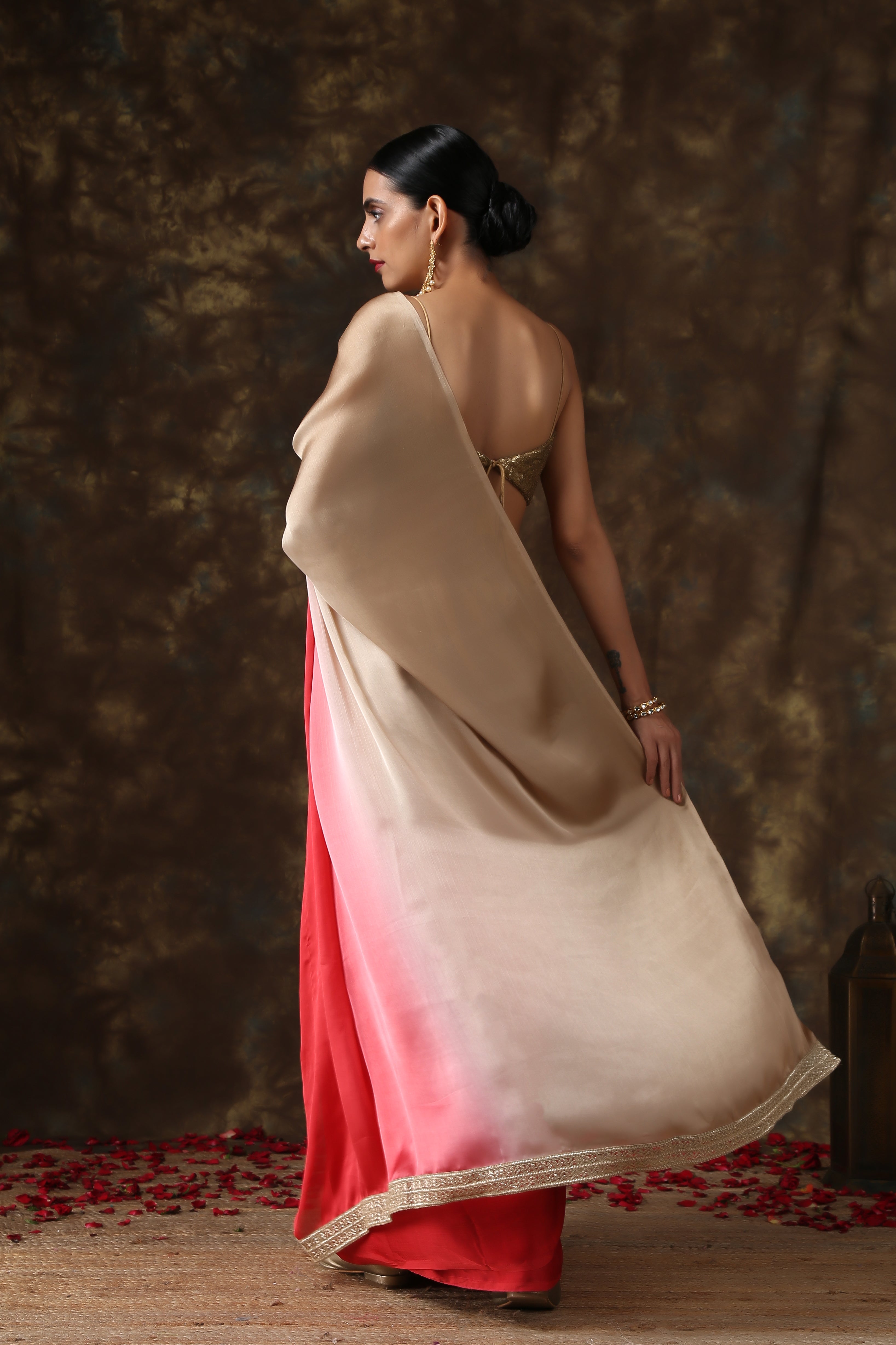 Warm stone & pink chiffon ombre saree — view 6