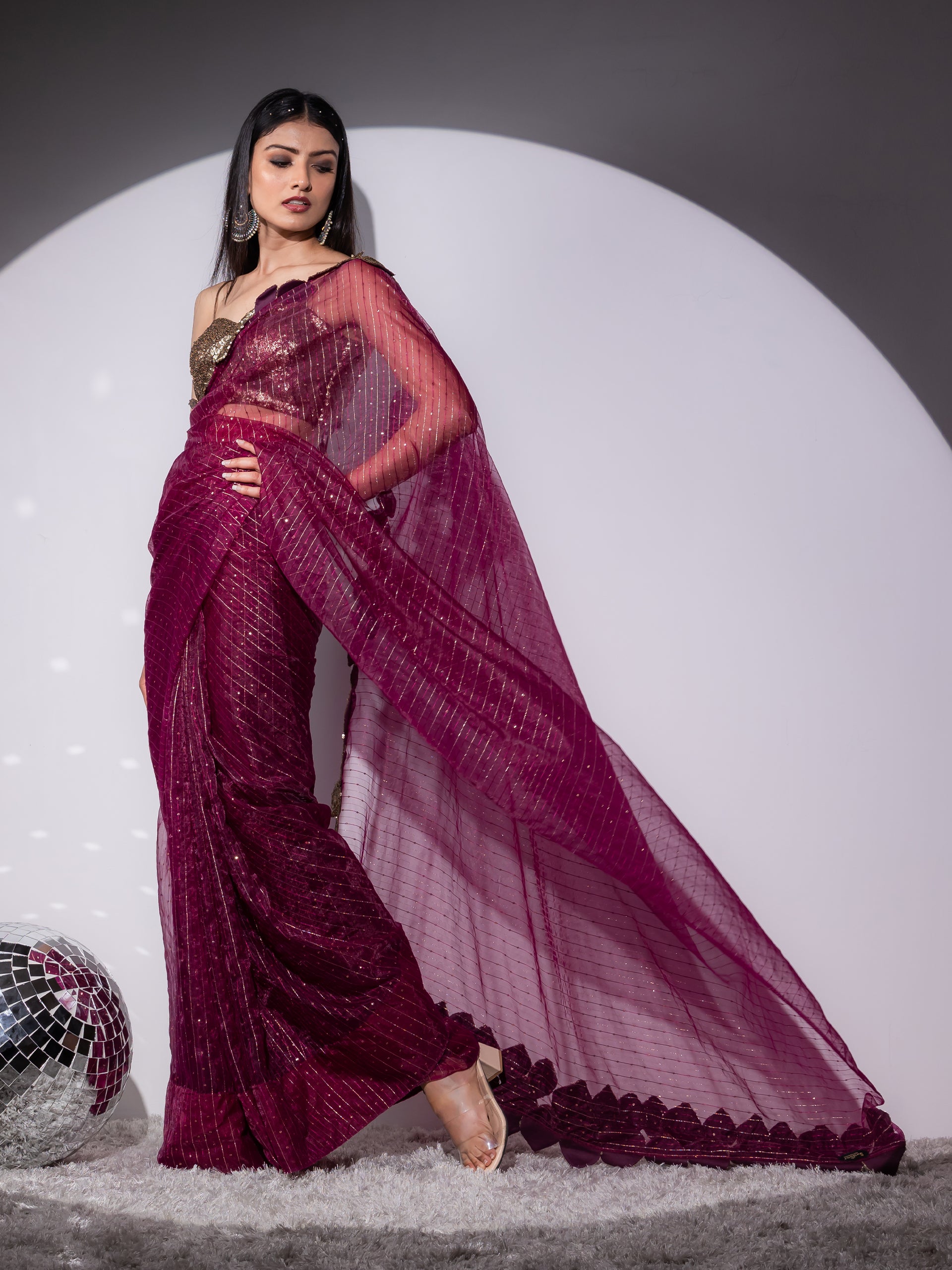 Falling leaves Sparkle Wine Saree