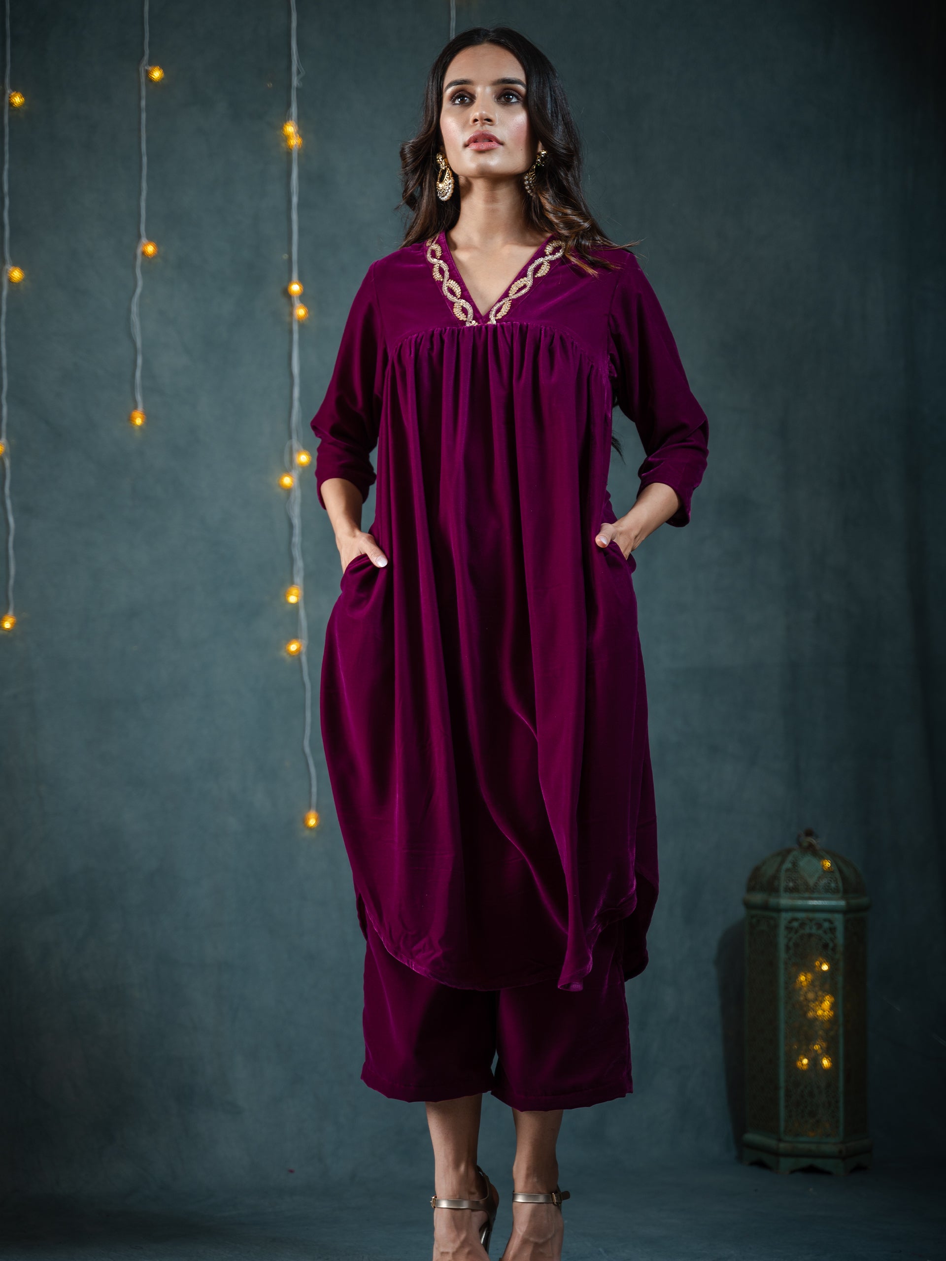 Women's Plum Velvet Kurta with Sequinned Neckline and Pants 2 Piece Set | Straight Fit, V Neck, 3/4 Sleeves, Pants, Partywear, (Velvet)