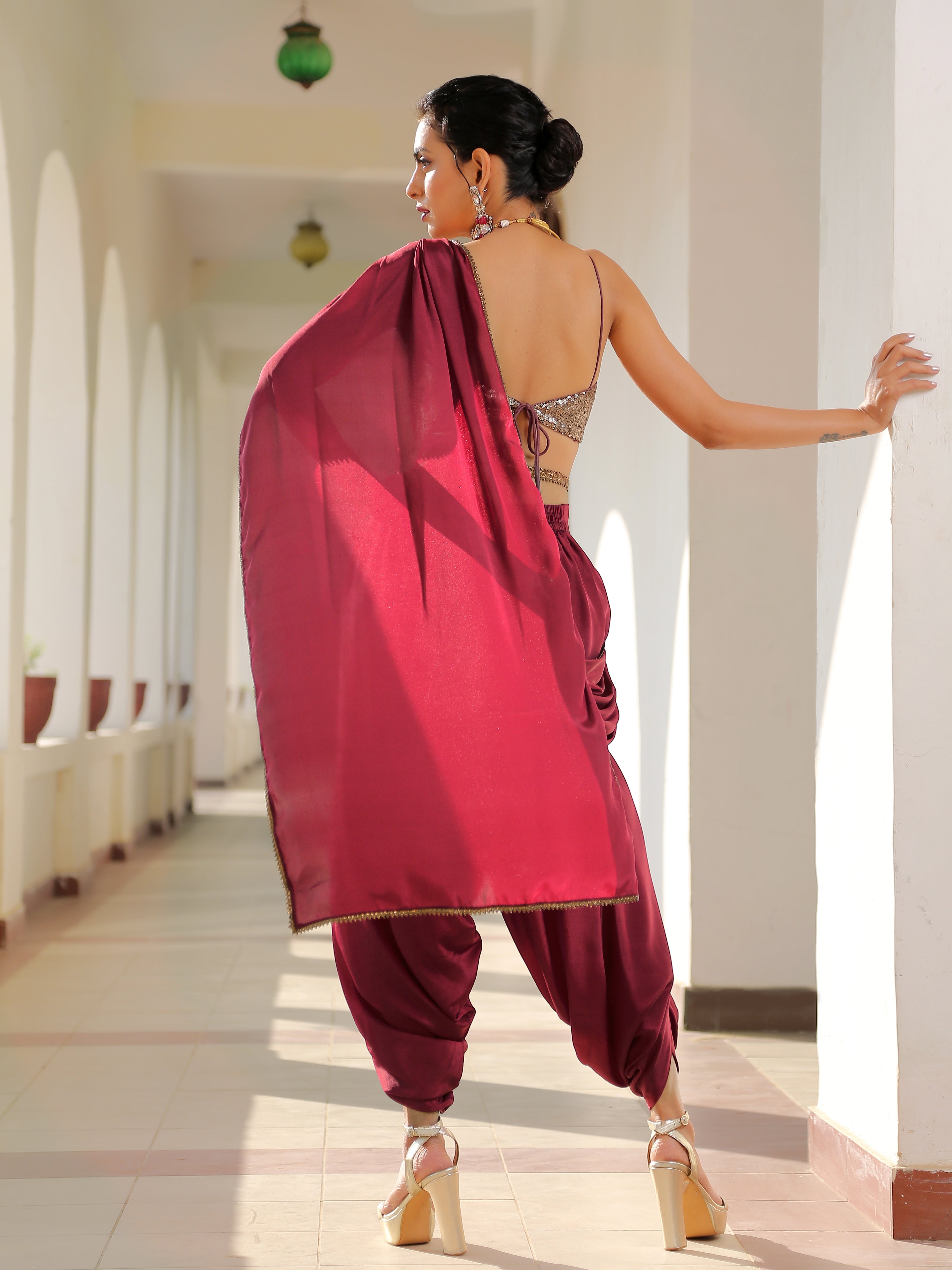 Majestic Maroon Overlap Dhoti Saree with Belt