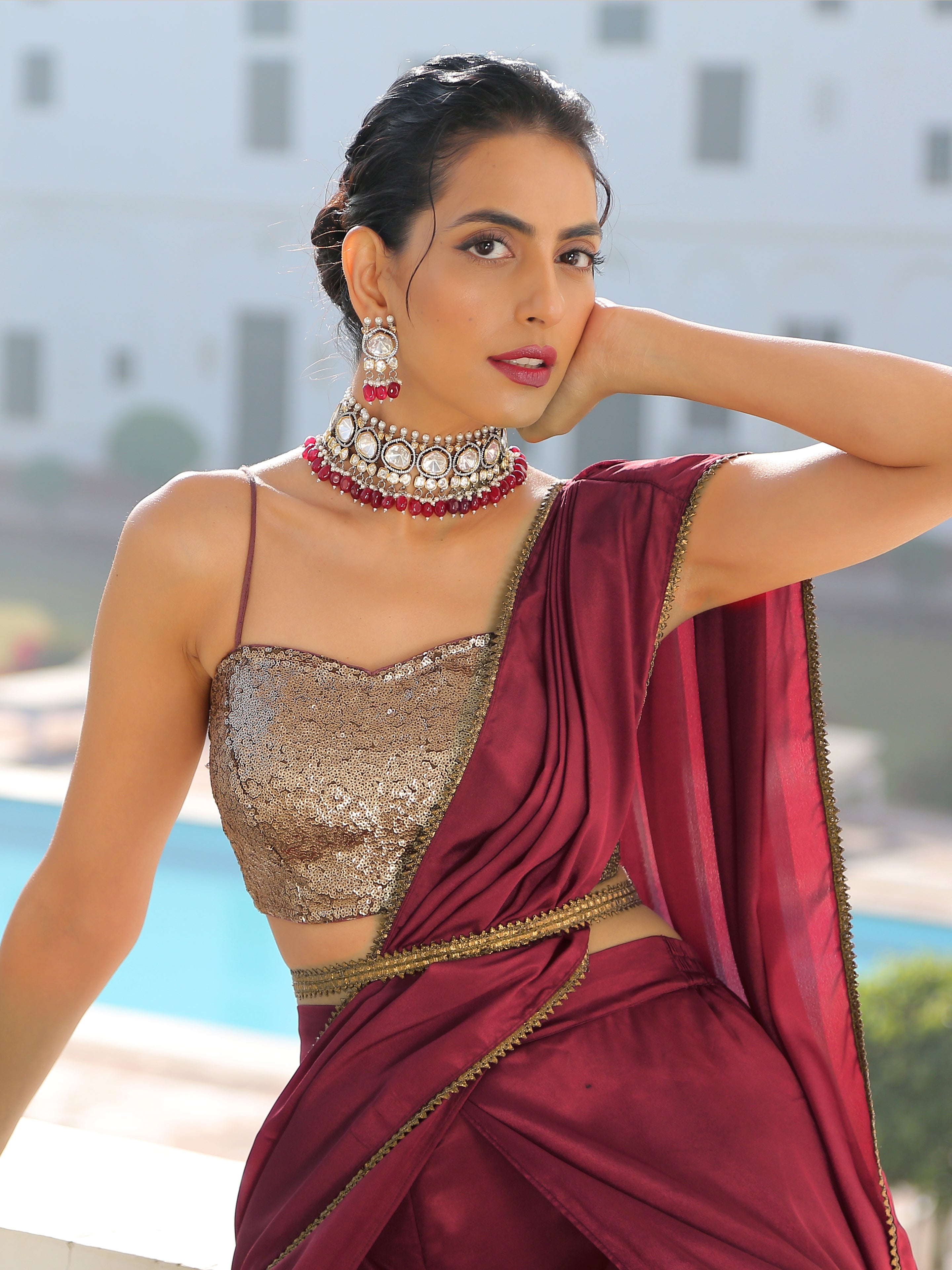 Majestic Maroon Overlap Dhoti Saree with Belt
