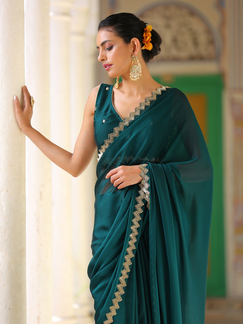 Teal Green Sparkle Saree with Gold Sequins & Embellished Blouse