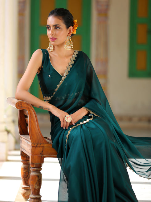 Teal Green Sparkle Saree with Gold Sequins & Embellished Blouse