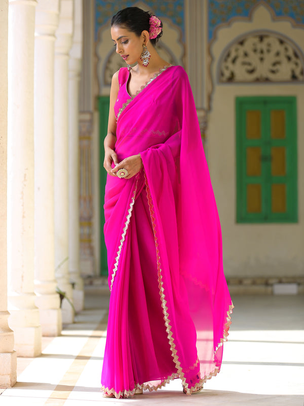 Pink Sparkle Saree with Gold Sequins & Embellished Blouse fabric