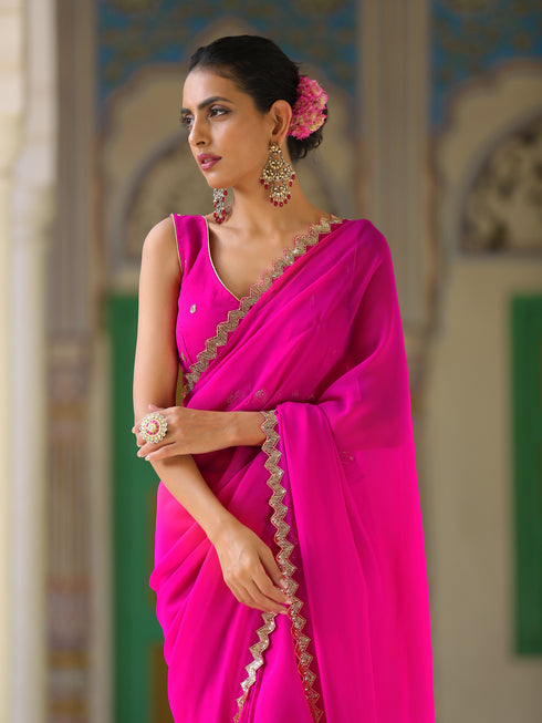 Pink Sparkle Saree with Gold Sequins & Embellished Blouse fabric