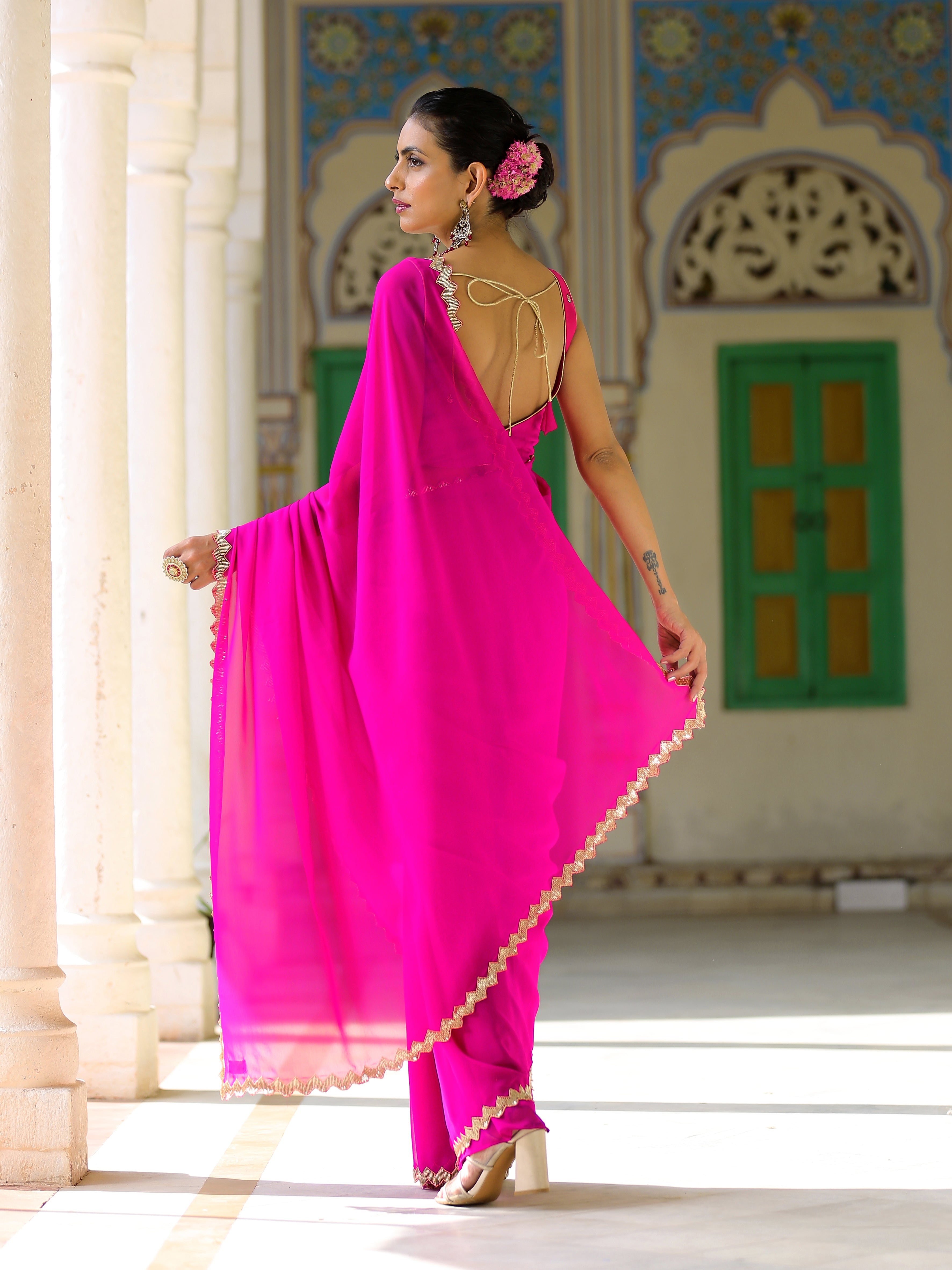 Pink Sparkle Saree with Gold Sequins & Embellished Blouse fabric