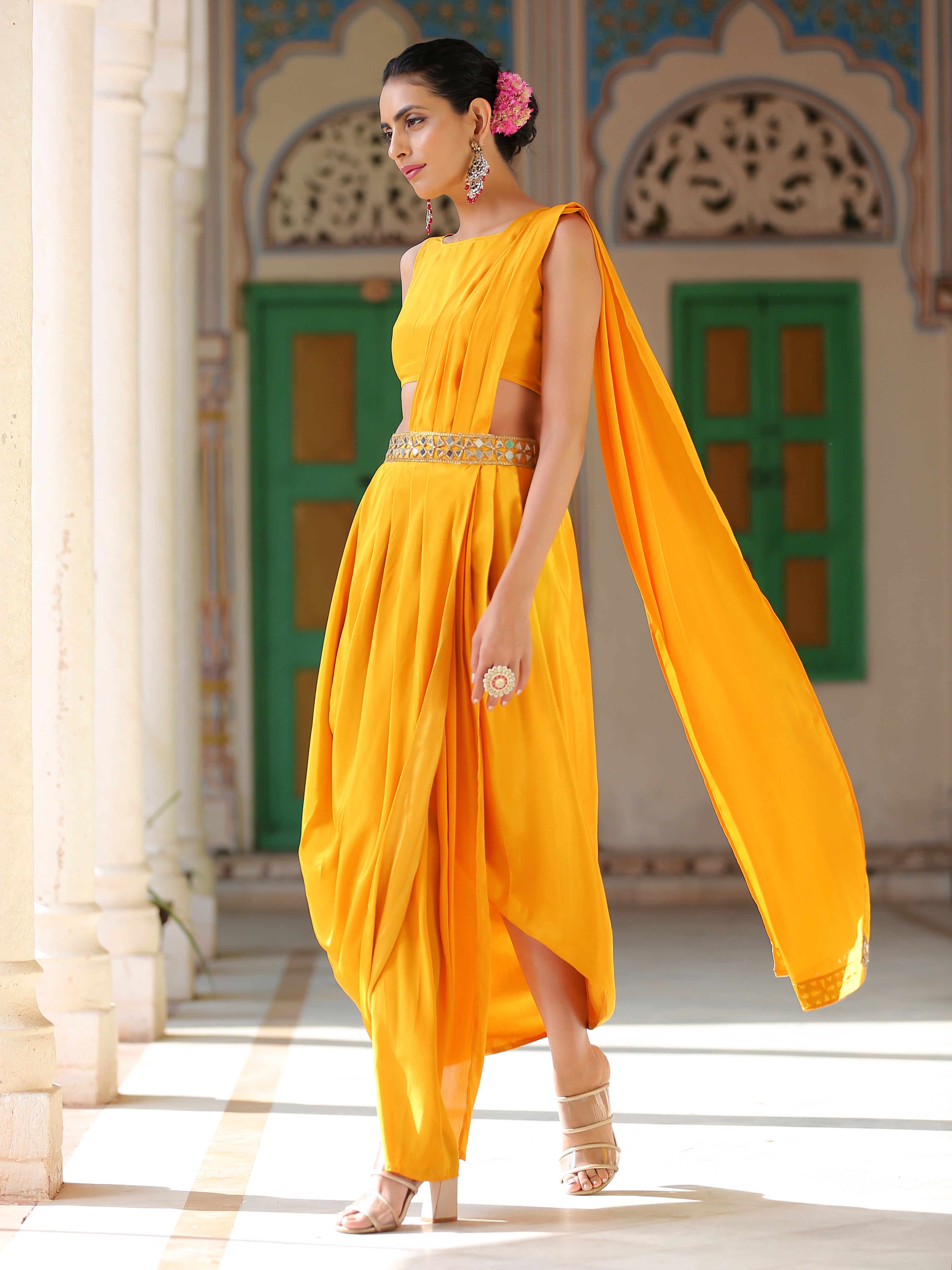 SET | Yellow wrap Dhoti Saree with Mirror Waist & Tie Blouse
