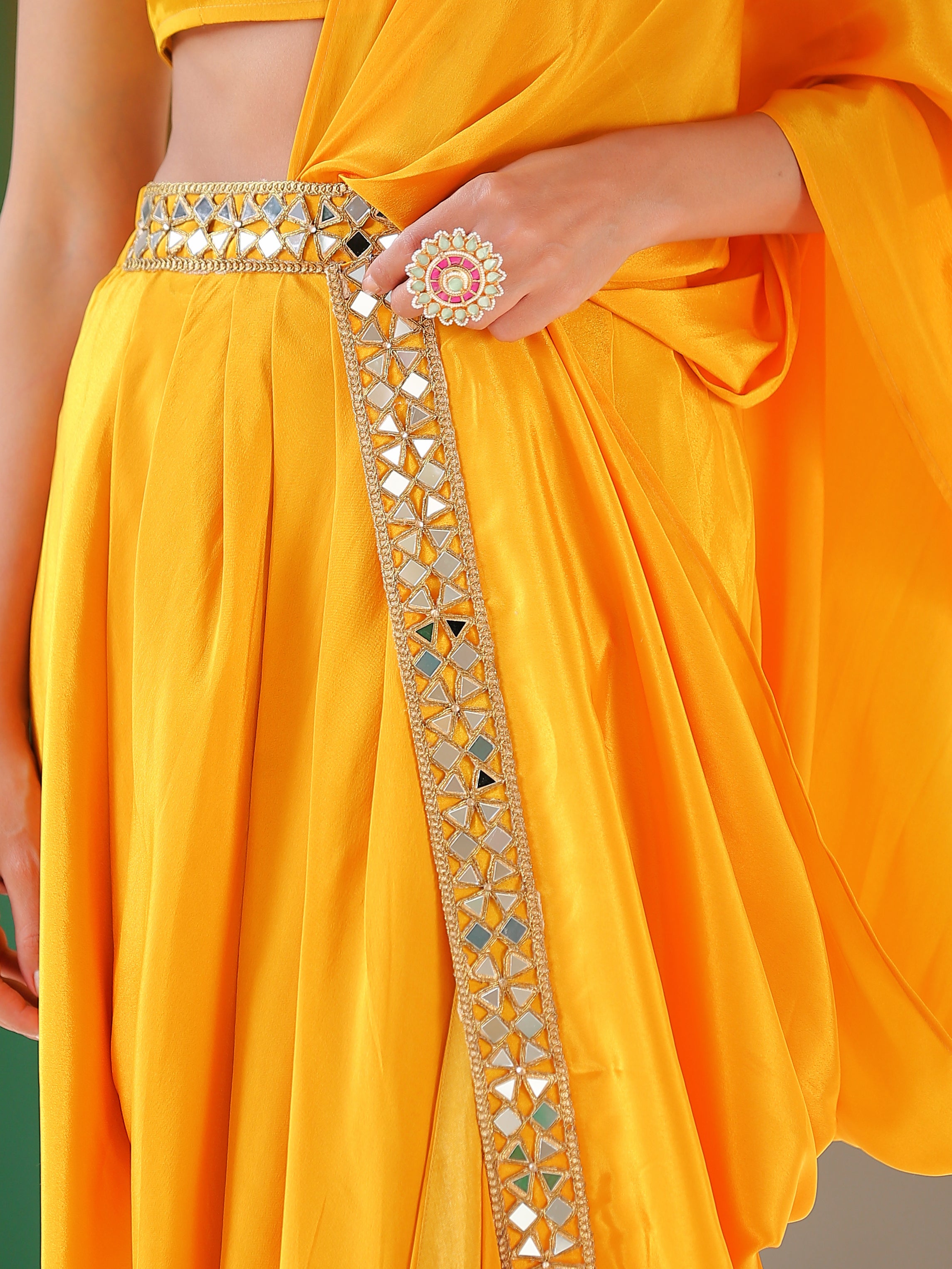 SET | Yellow wrap Dhoti Saree with Mirror Waist & Tie Blouse
