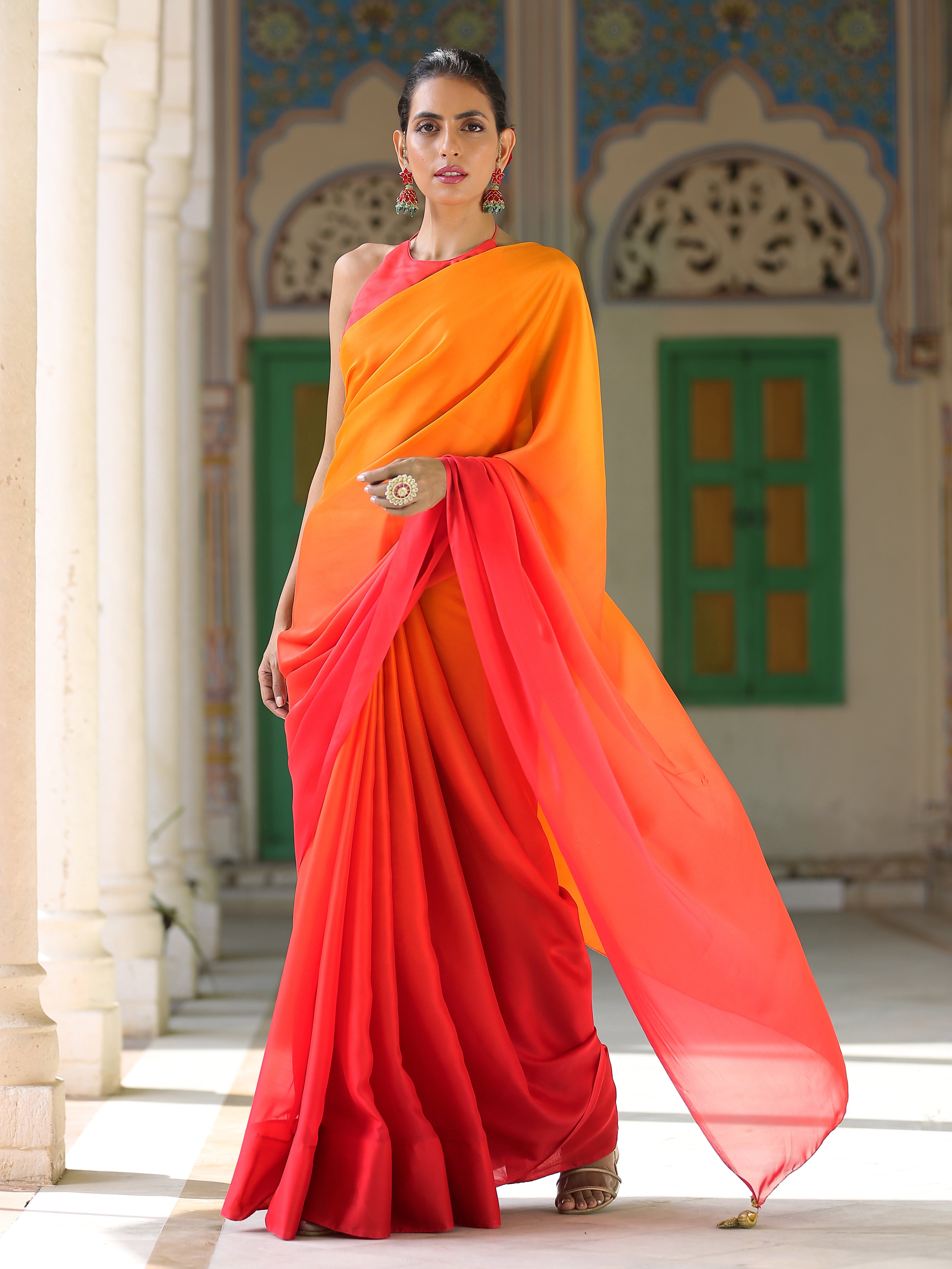 Fire chiffon ombre saree