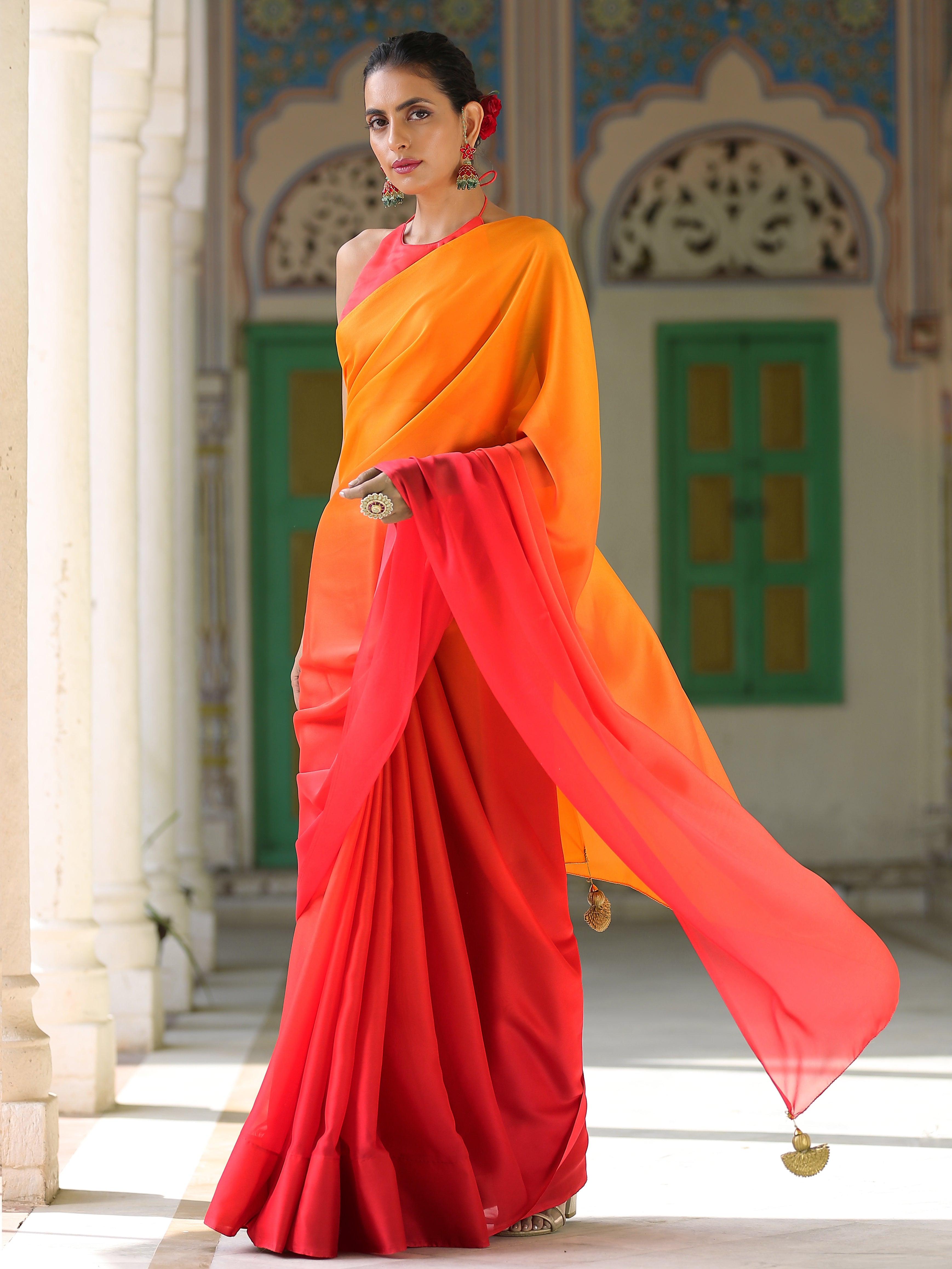 Fire chiffon ombre saree — view 4
