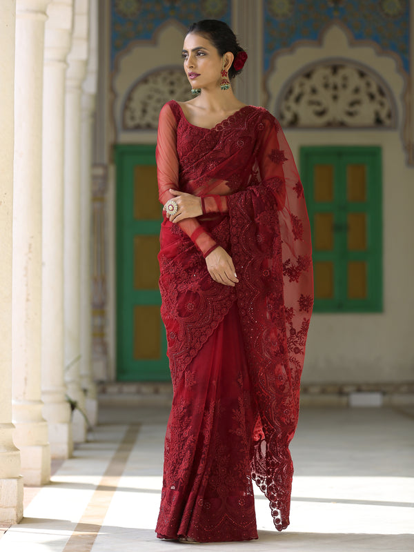 SET I Retro Burgundy Net Saree with Embroidery & Scalloping + Blouse