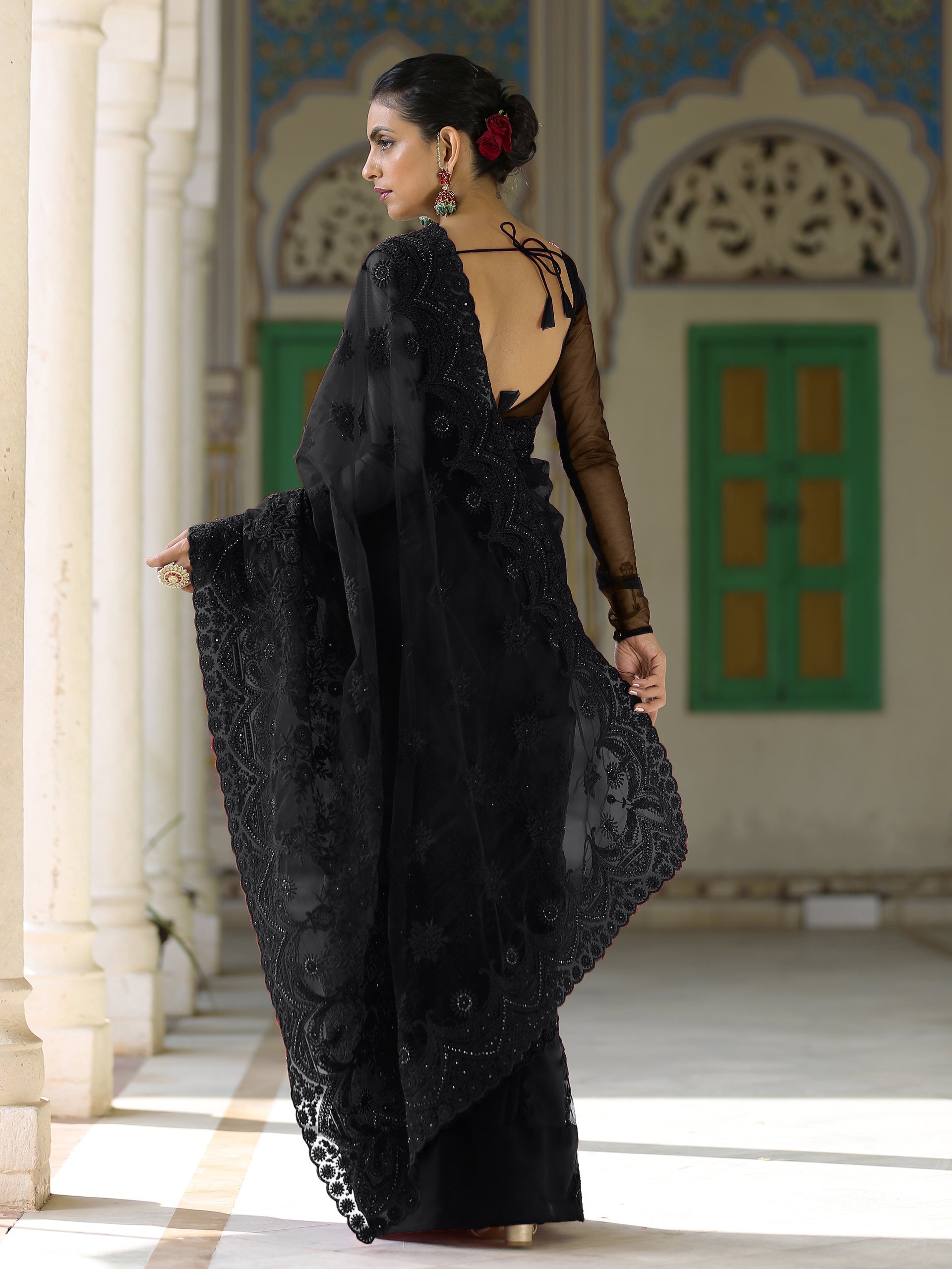 Long Sleeve Black Embroidered NET blouse