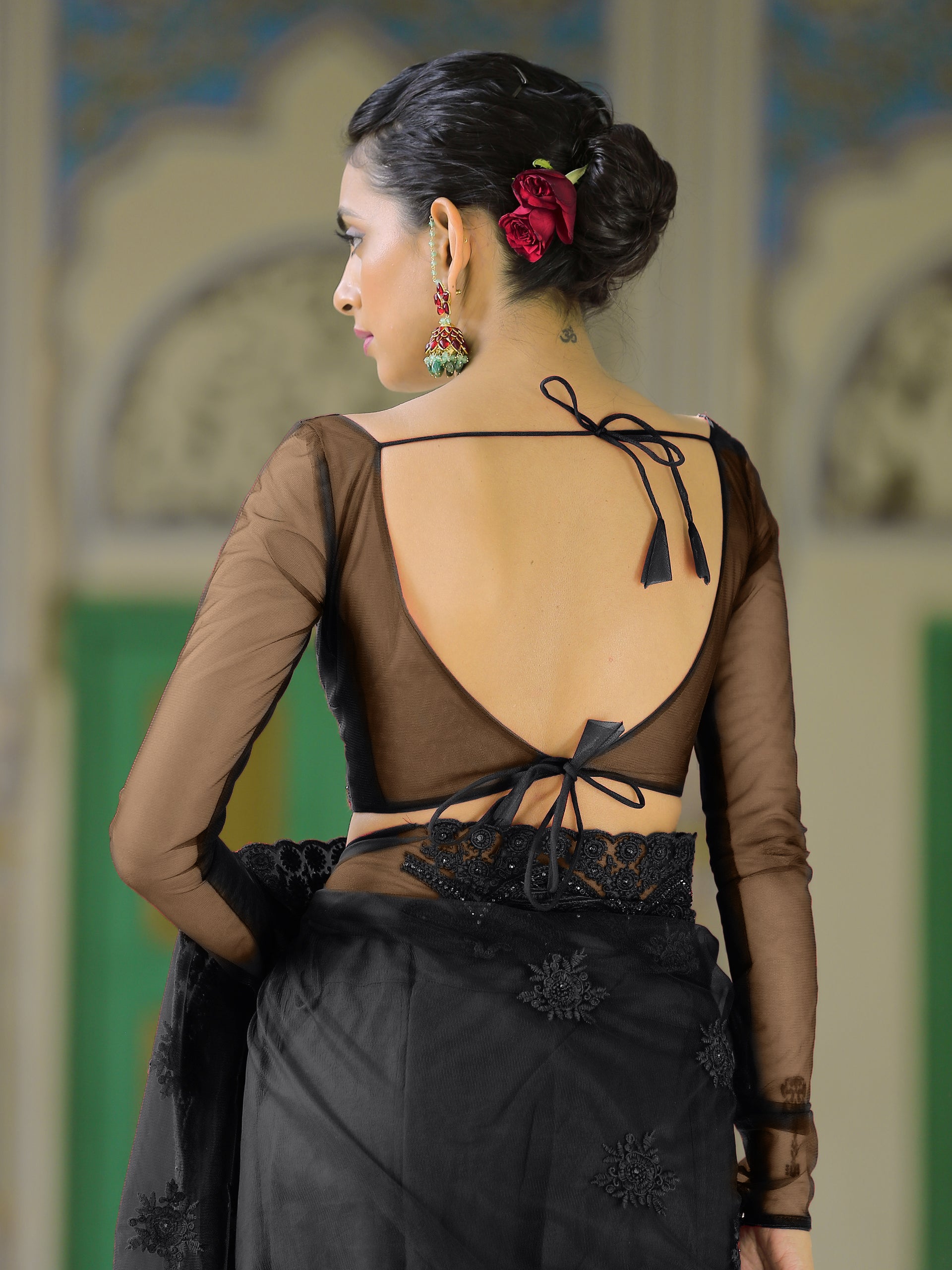 Long Sleeve Black Embroidered NET blouse