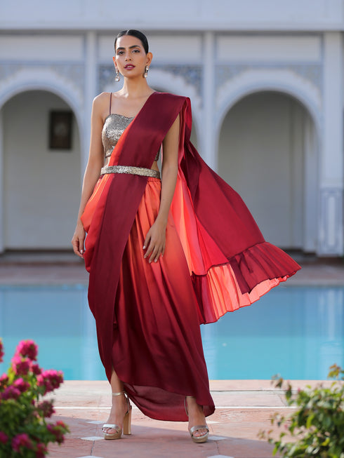 SET I Pre draped Dawn to Dusk Pant style Saree + Blouse + Belt