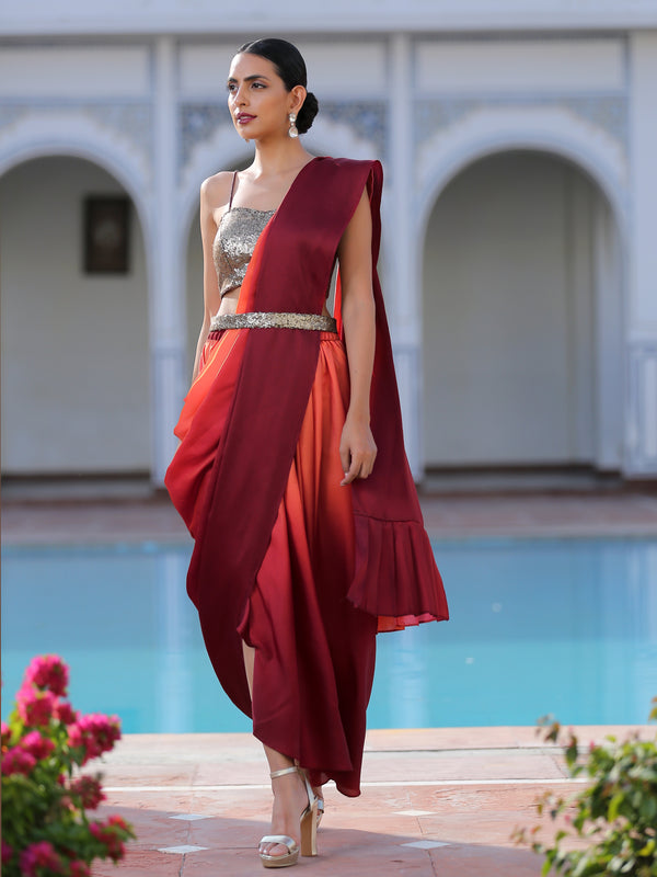 Pre draped Dawn to Dusk Pant style Saree with Belt