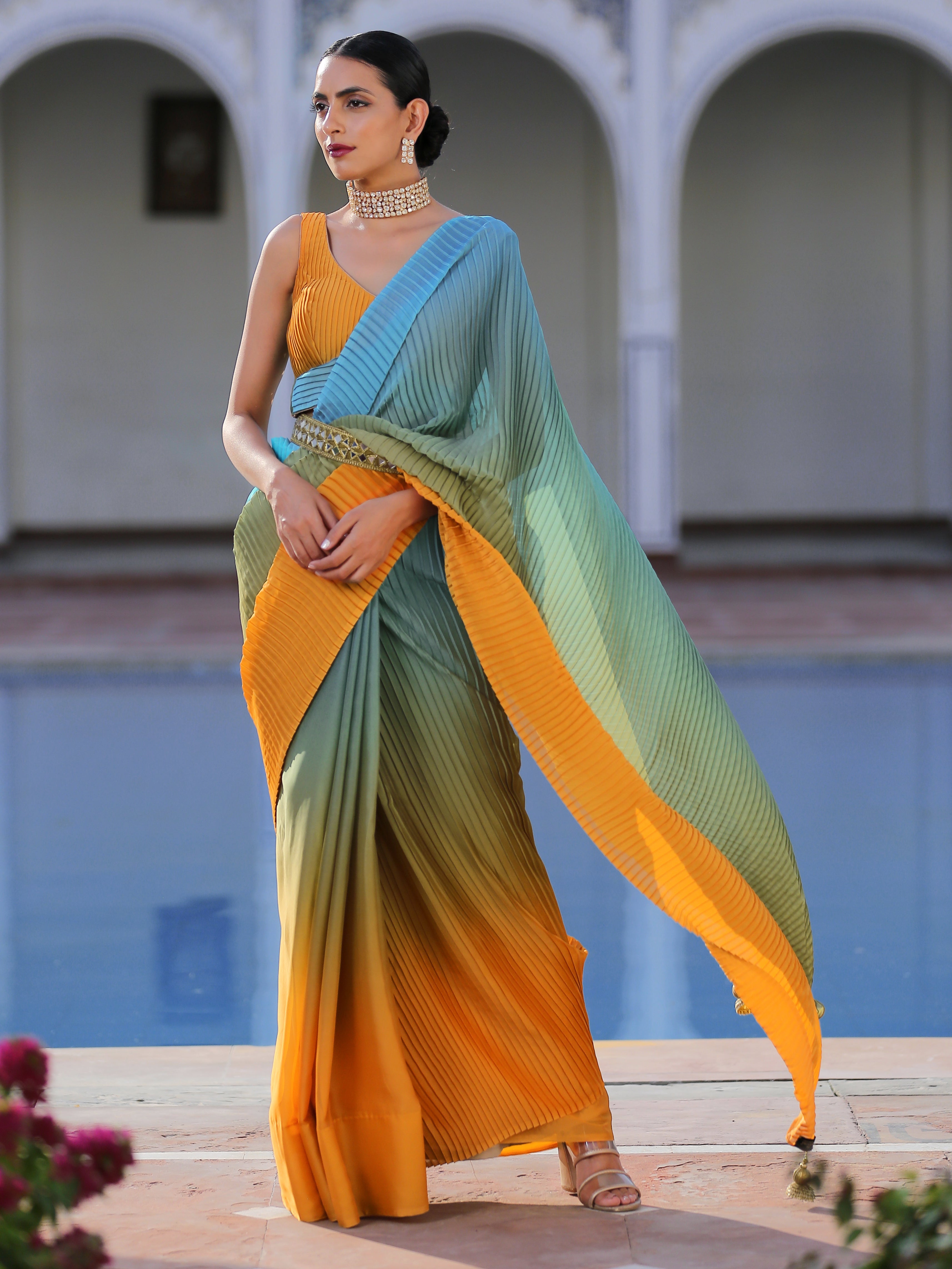 Sunrise pleated chiffon ombre saree — view 3