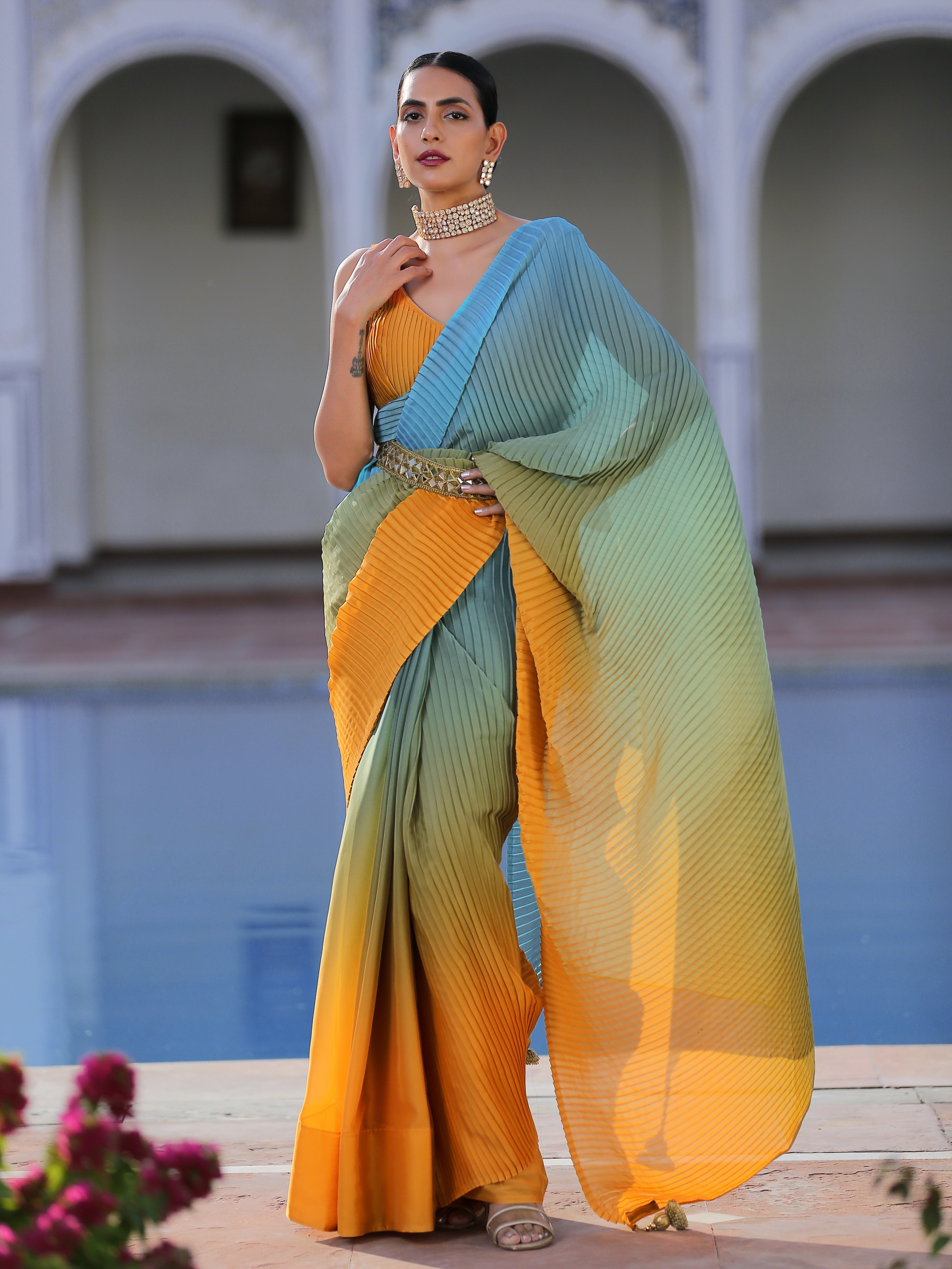 Sunrise pleated chiffon ombre saree — view 4