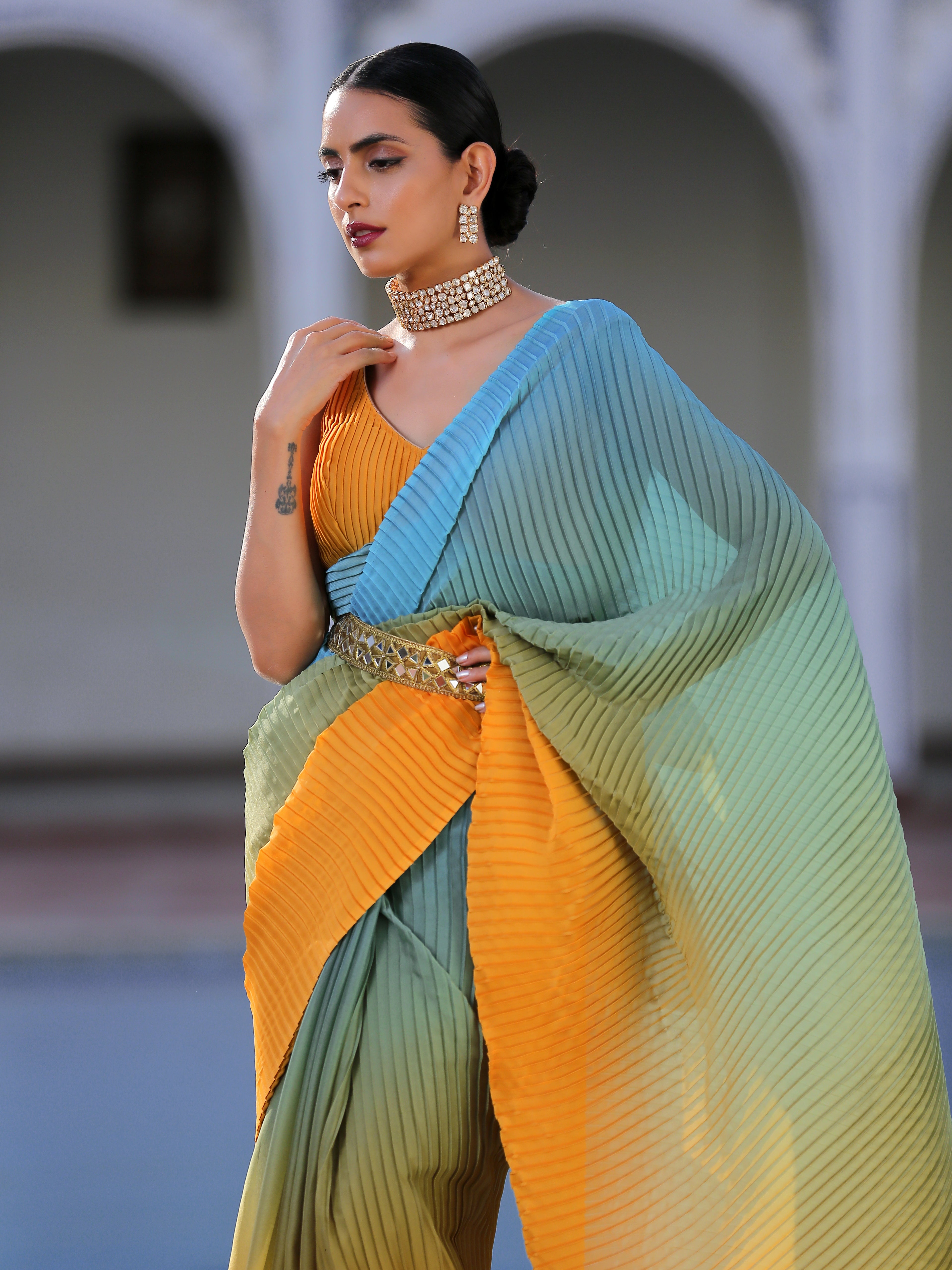 Sunrise pleated chiffon ombre saree — view 6