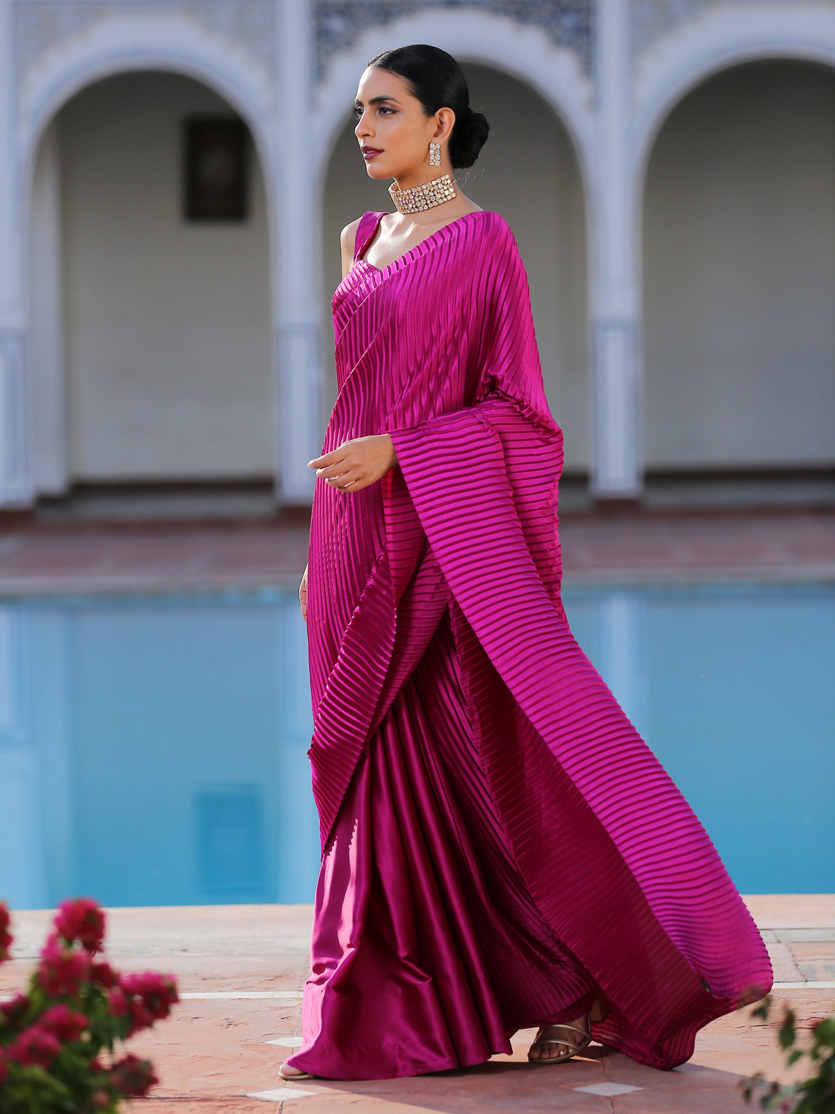 Rebel purple accordion satin saree — view 4