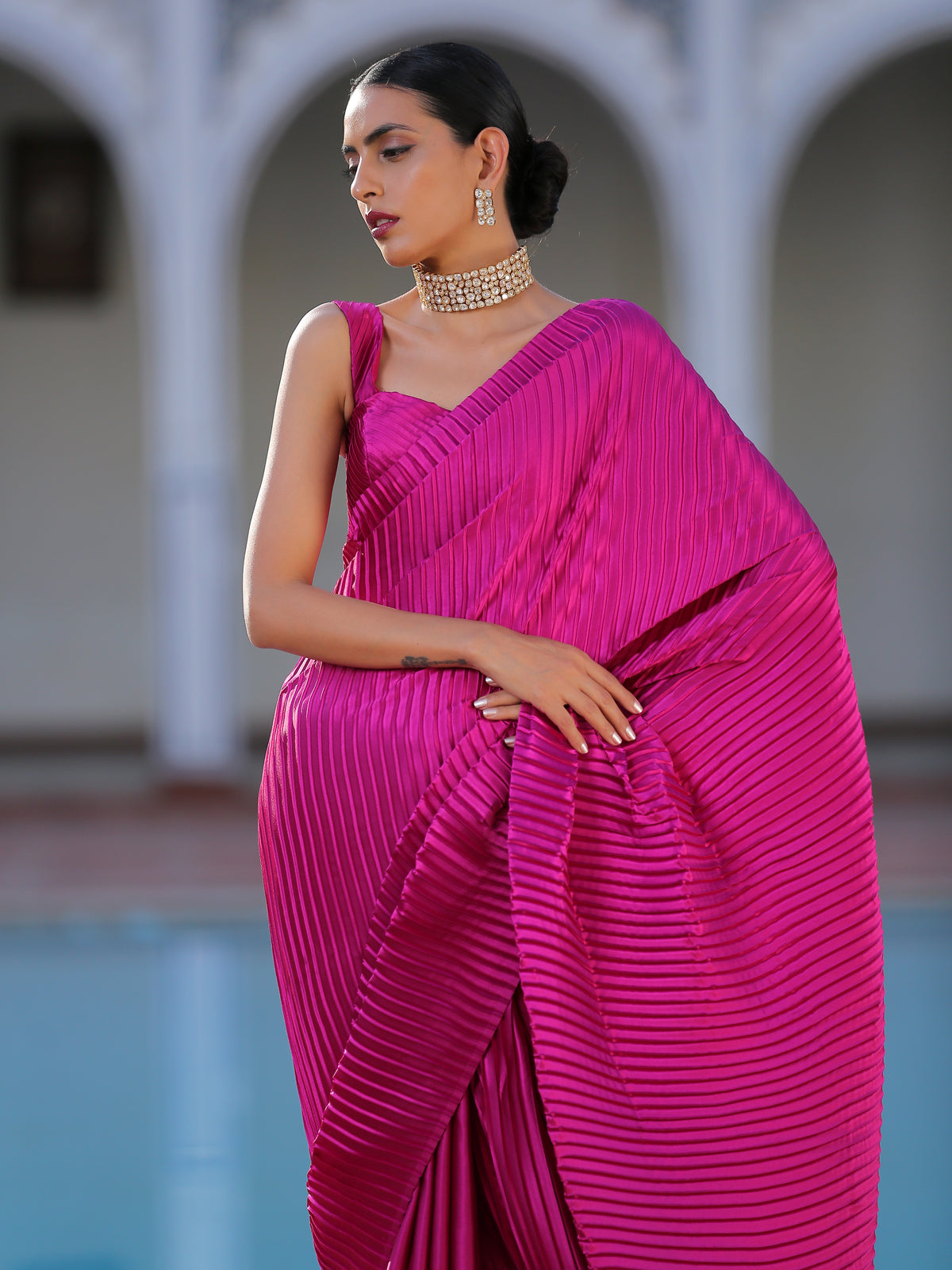 Rebel purple accordion satin saree — view 2