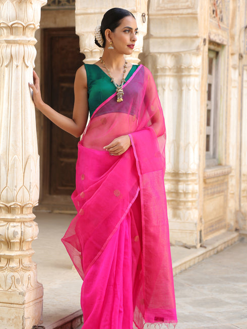 Auspicious Pink Chanderi Saree With Blouse Fabric
