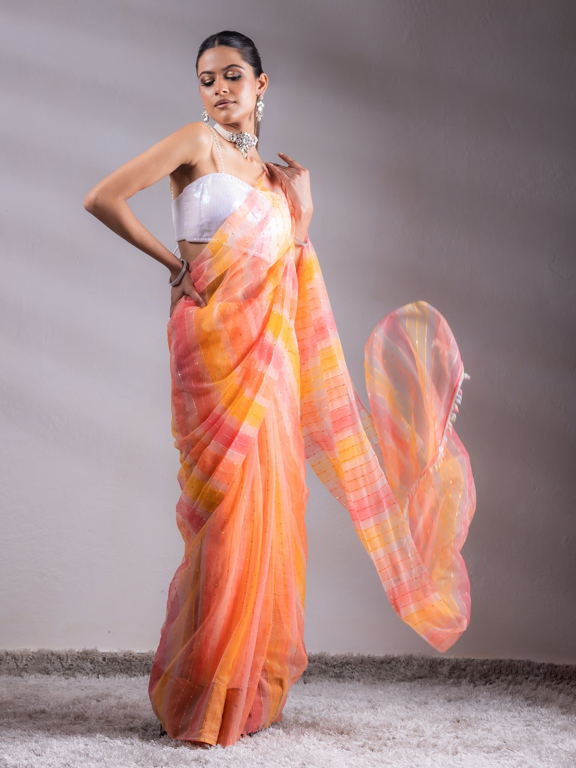 Hand painted colour melted pink yellow organza saree with lace and blouse fabric — view 8