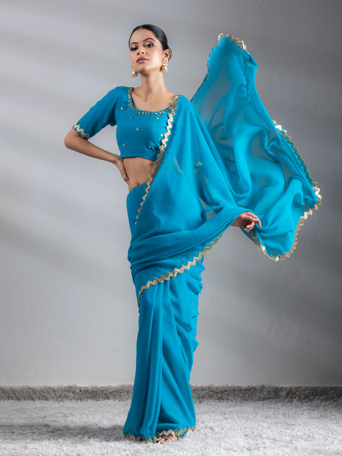 Turquoise Sequin Georgette Saree with Blouse Fabric