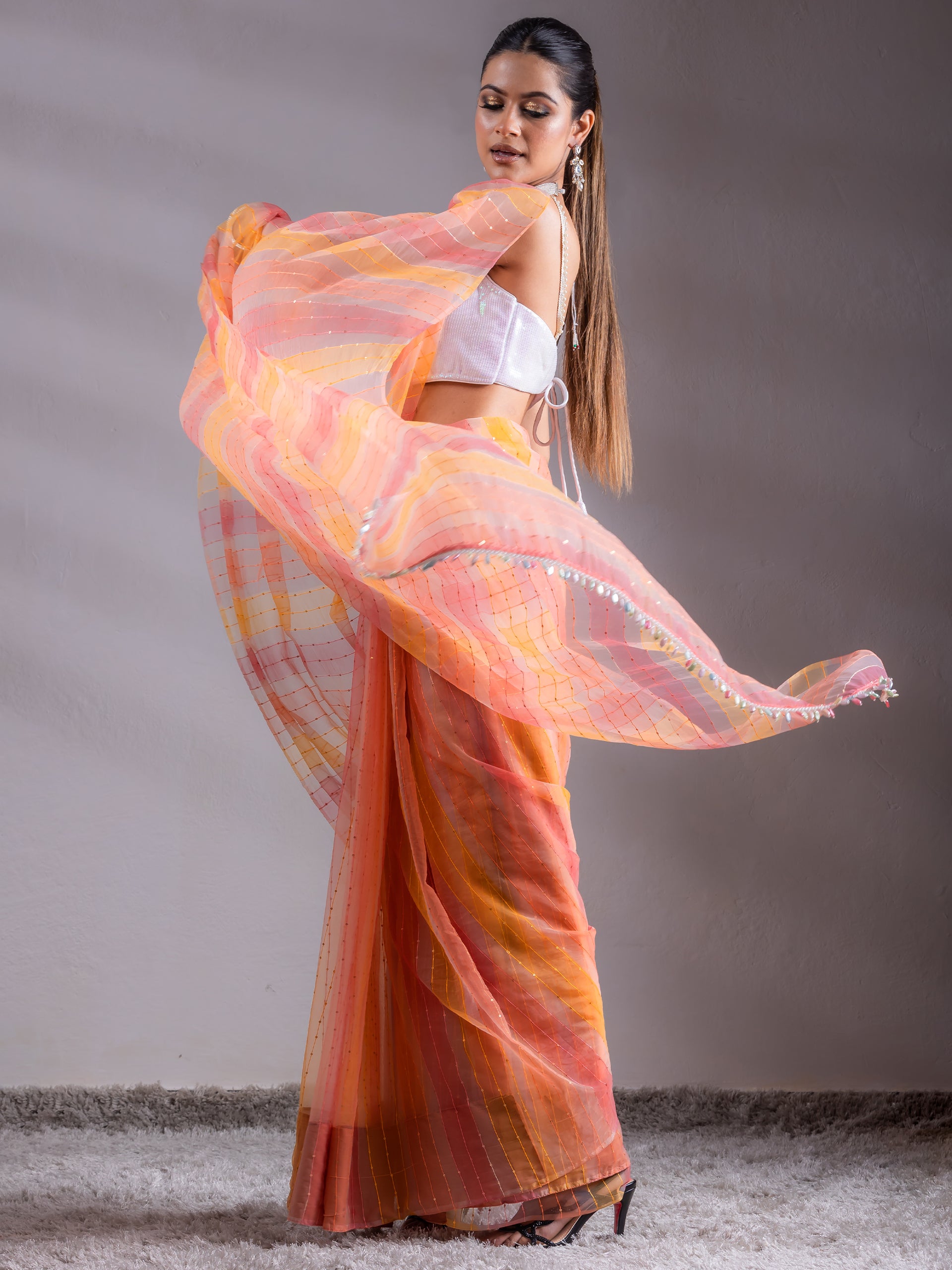 Hand painted colour melted pink yellow organza saree with lace and blouse fabric — view 7