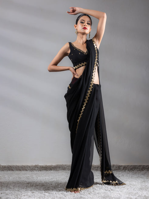 Black Sequin Georgette Saree with Blouse Fabric