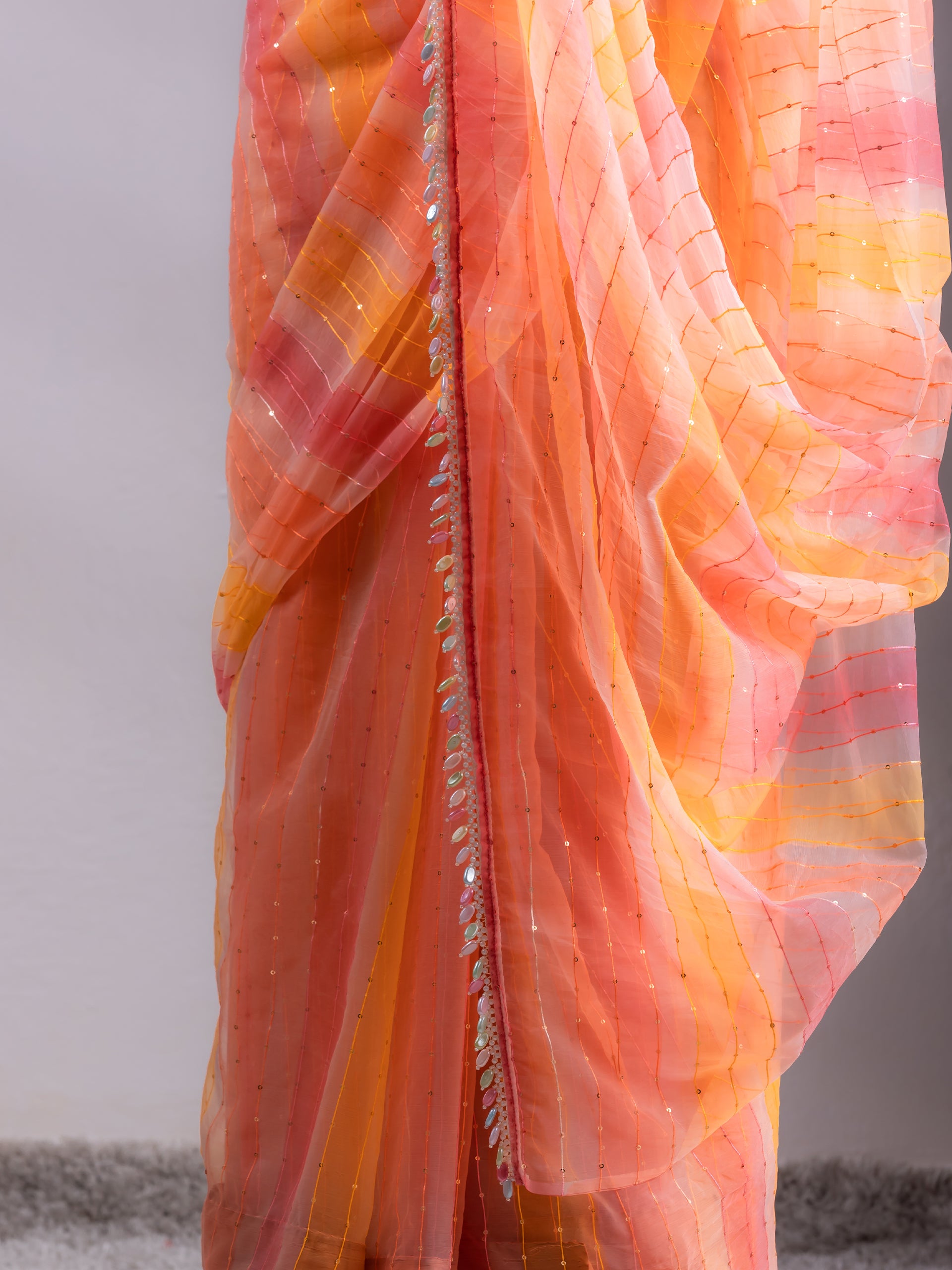 Hand painted colour melted pink yellow organza saree with lace and blouse fabric — view 6