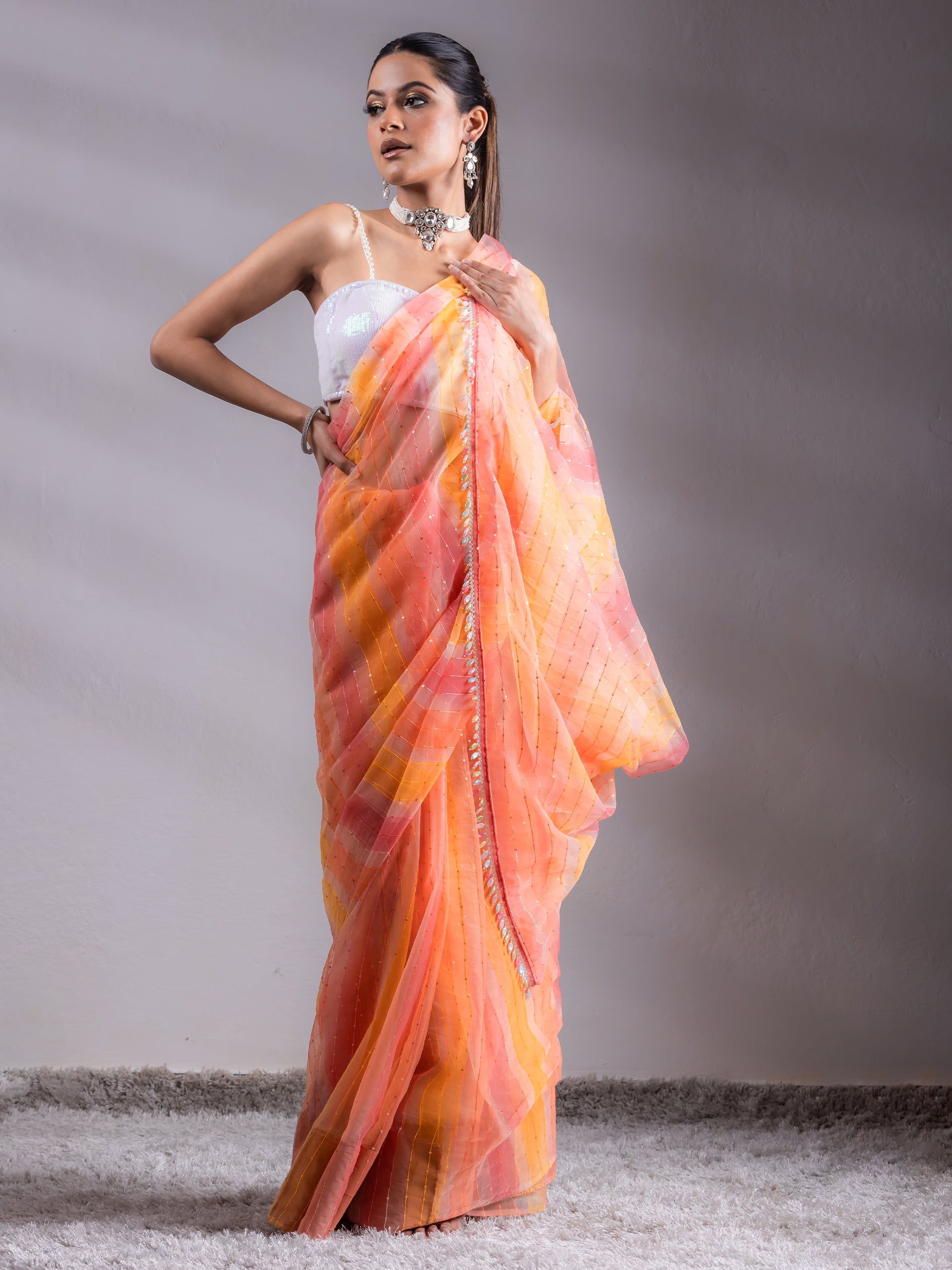 Hand painted colour melted pink yellow organza saree with lace and blouse fabric — view 9