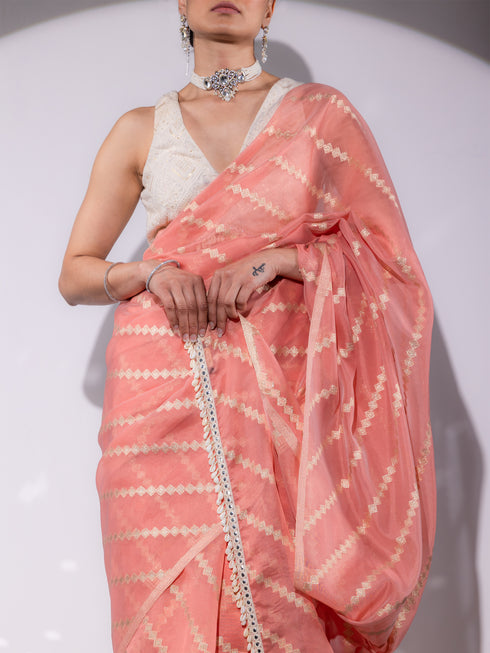 Chevron Pink Organza Saree with Cowrie Lace and Blouse Fabric