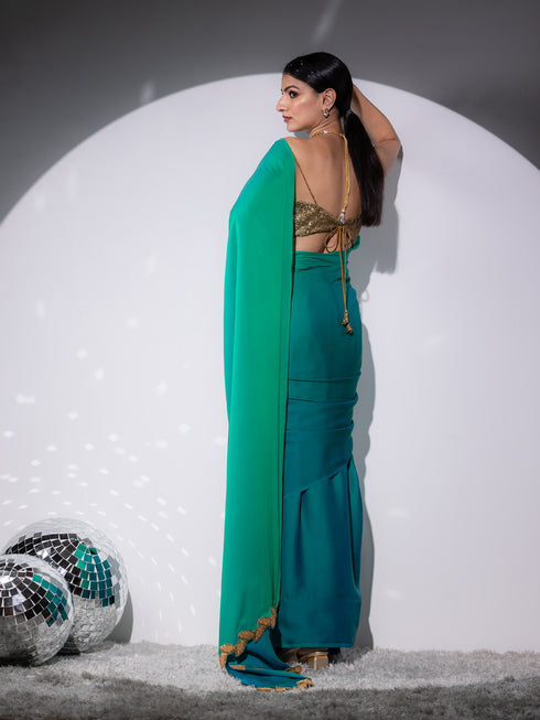 The Mermaid Aqua Green Chiffon Saree with Gold Leaf with Blouse Fabric