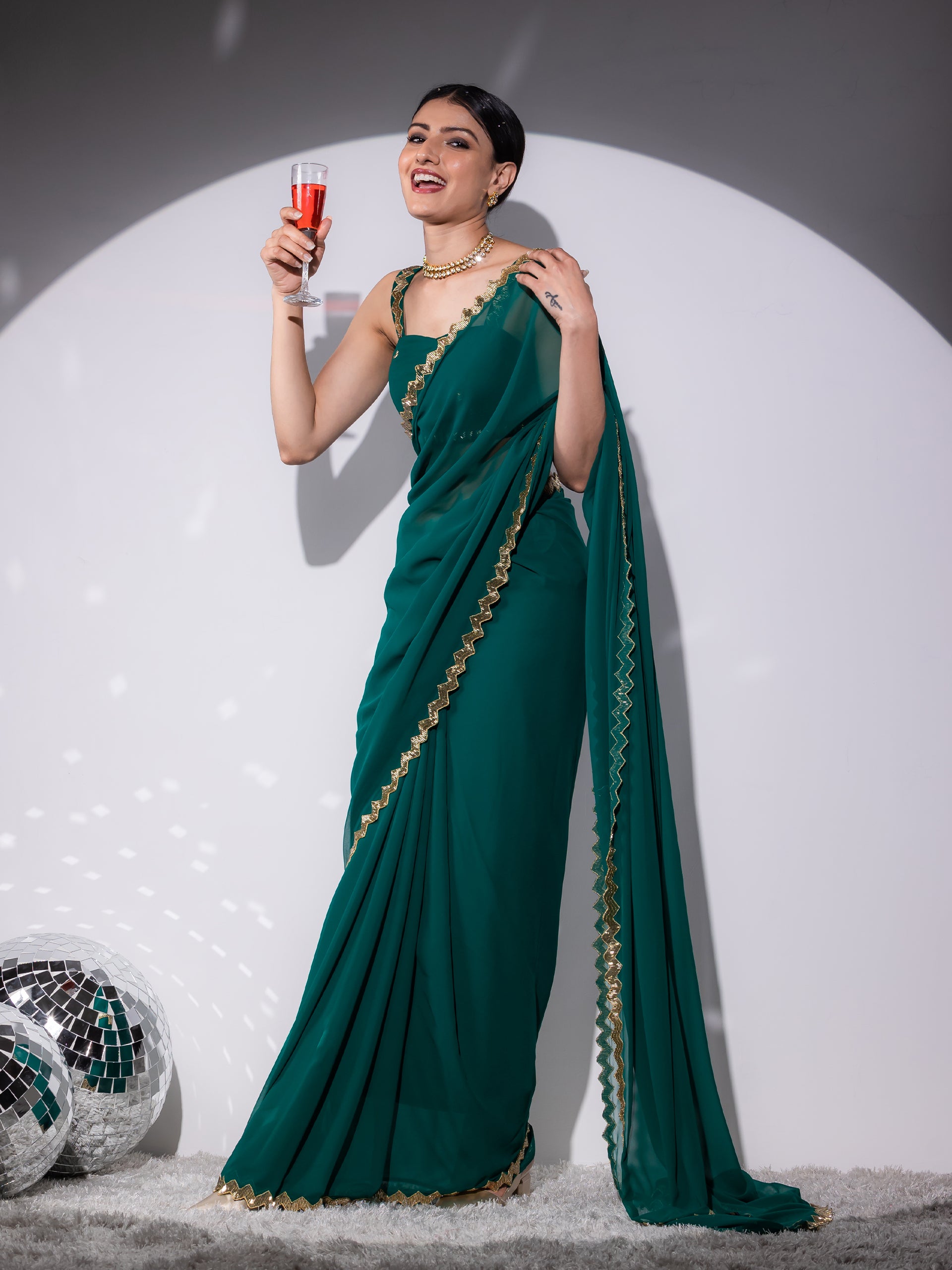 Rich Green Sequin Georgette Saree with Blouse fabric