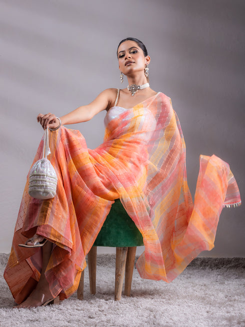 Hand Painted Colour Melted Pink Yellow Organza Saree with Lace & Blouse Fabric