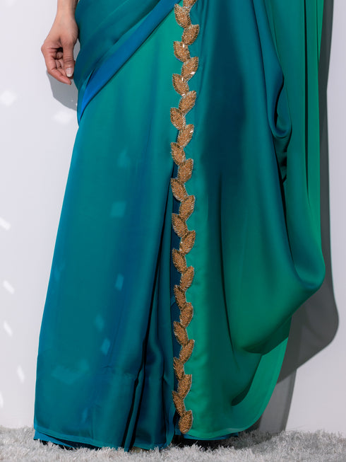 The Mermaid Aqua Green Chiffon Saree with Gold Leaf with Blouse Fabric