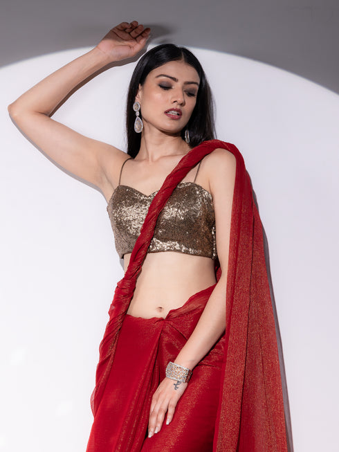 SET | Red Shimmer & Shine Chiffon Saree with Bronze Sequin Bustier - 2 Piece