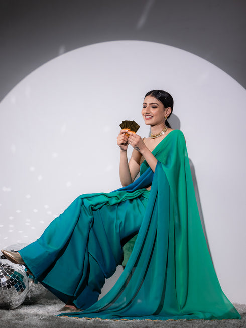 The Mermaid Aqua Green Chiffon Saree with Gold Leaf with Blouse Fabric