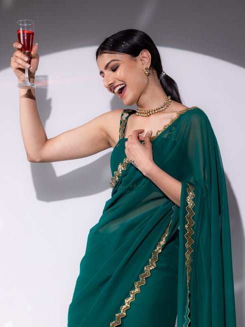 Rich Green Sequin Georgette Saree with Blouse fabric