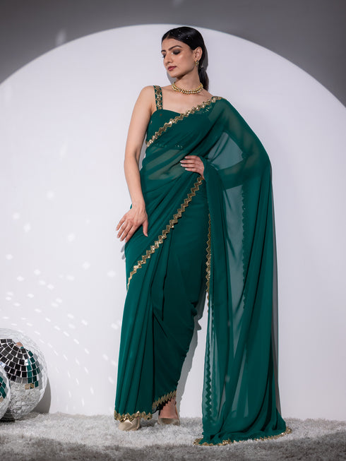 Rich Green Sequin Georgette Saree with Blouse fabric