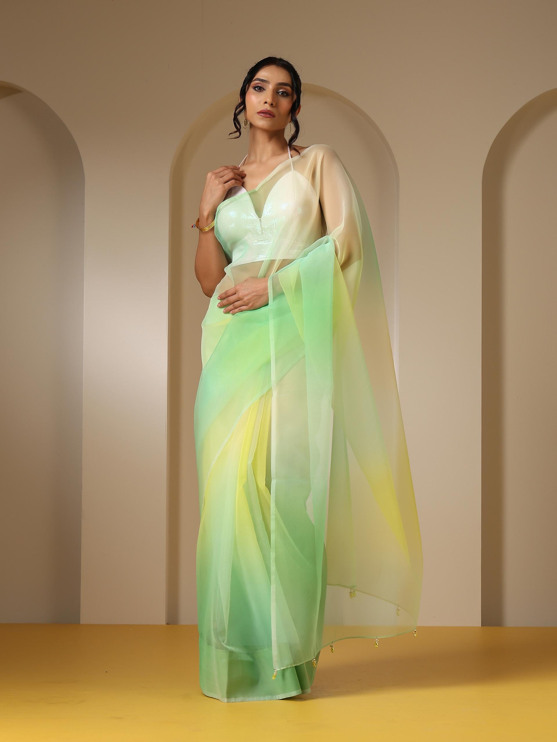 Tulip Yellow Green Organza Ombre Printed Saree