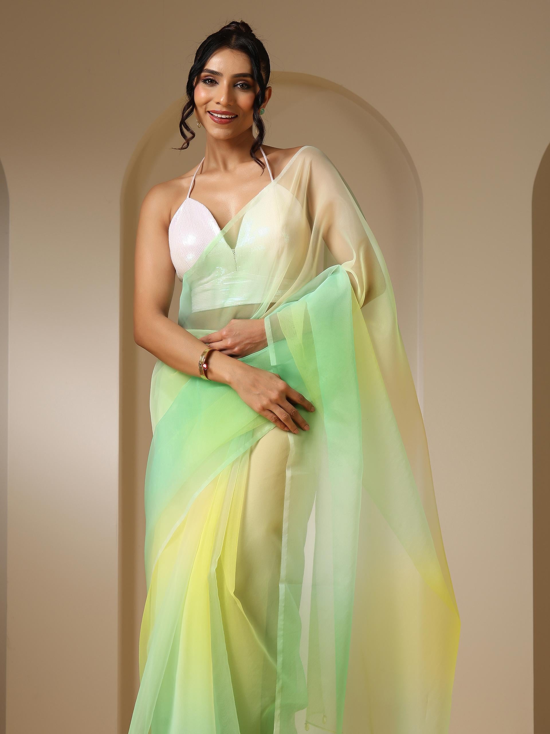 Tulip Yellow Green Organza Ombre Printed Saree