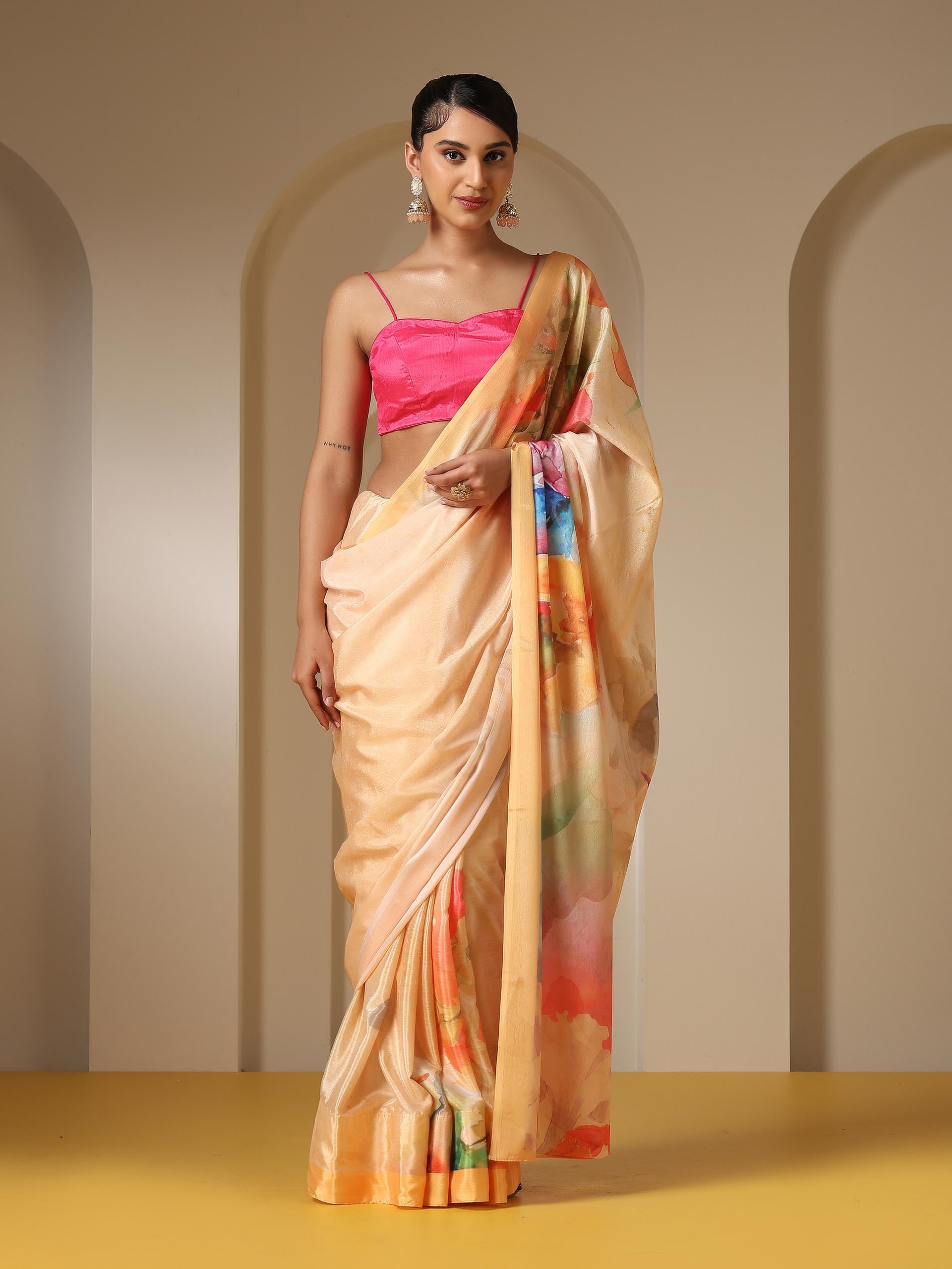 Brush Strokes Wine Printed Saree with Blouse Fabric